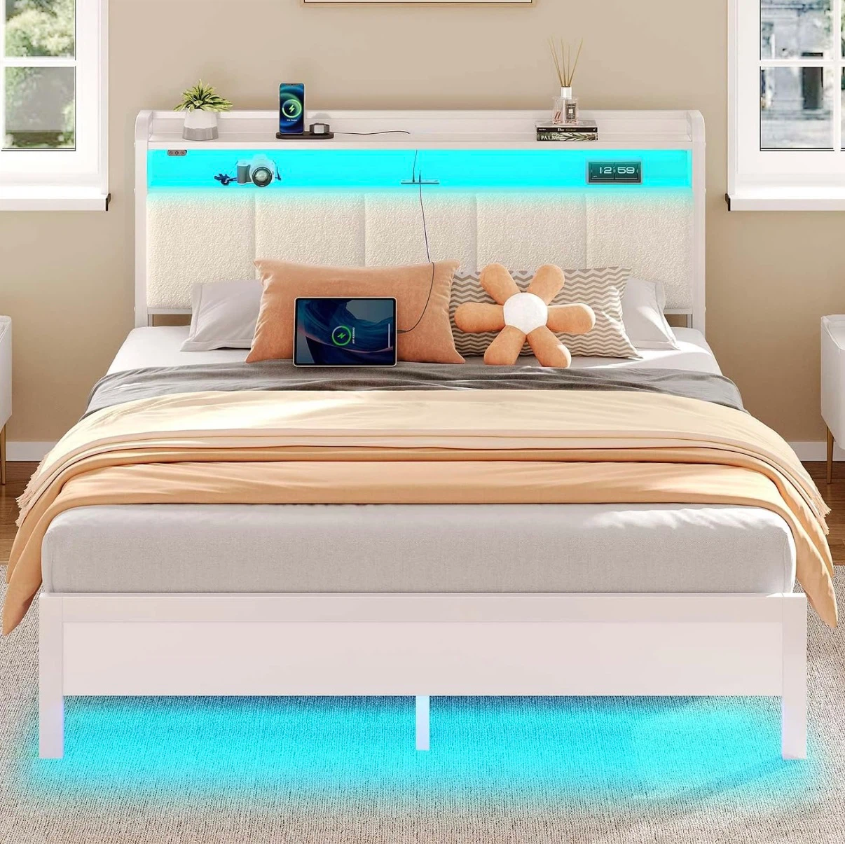 Queen Size Bed Frame with RGB LED Lights and Headboard Shelf