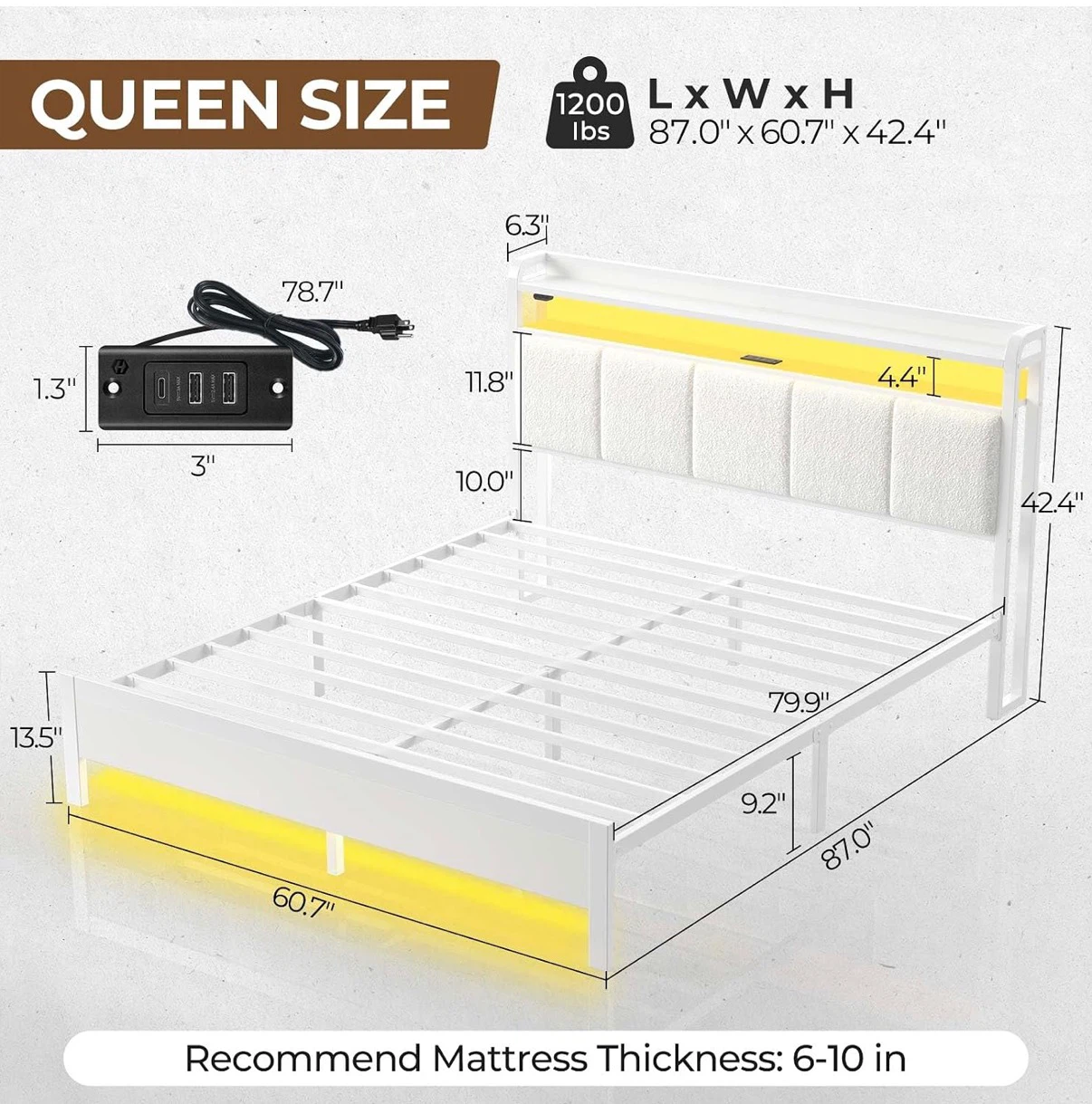 Queen Size Bed Frame with RGB LED Lights and Headboard Shelf - photo 2