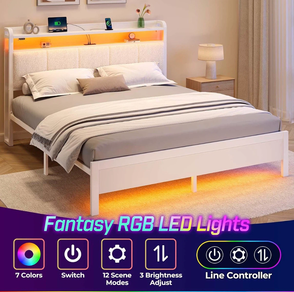 Queen Size Bed Frame with RGB LED Lights and Headboard Shelf - photo 3