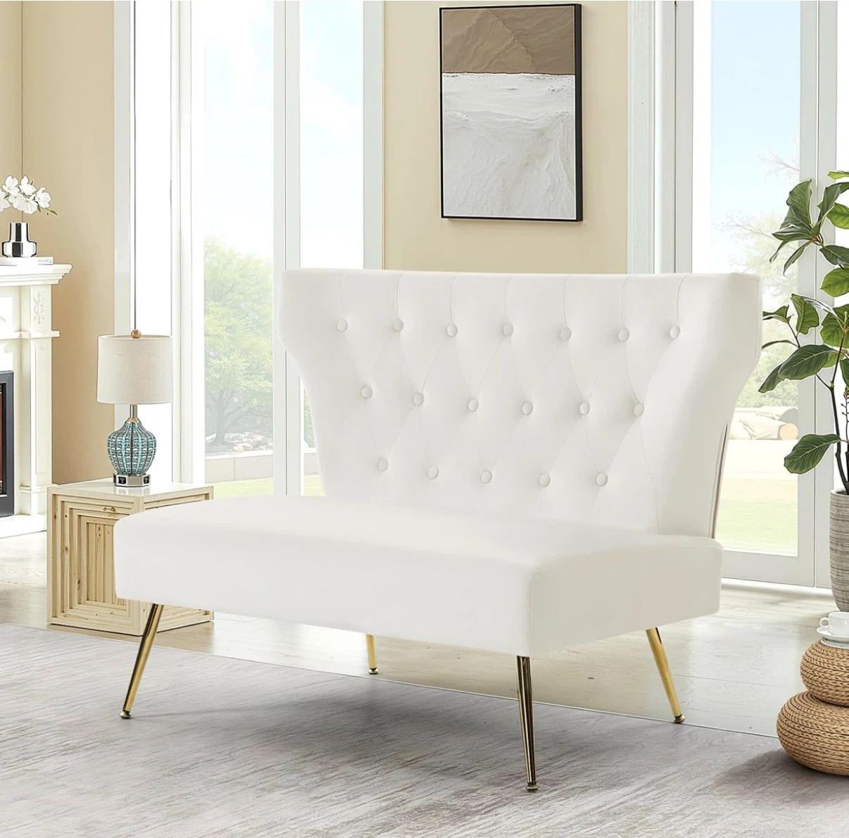 White Velvet Tufted Loveseat