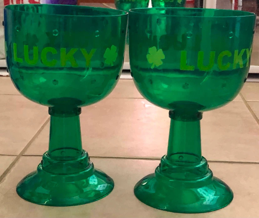 Set of 2 Green "Lucky" Plastic Wine Glasses