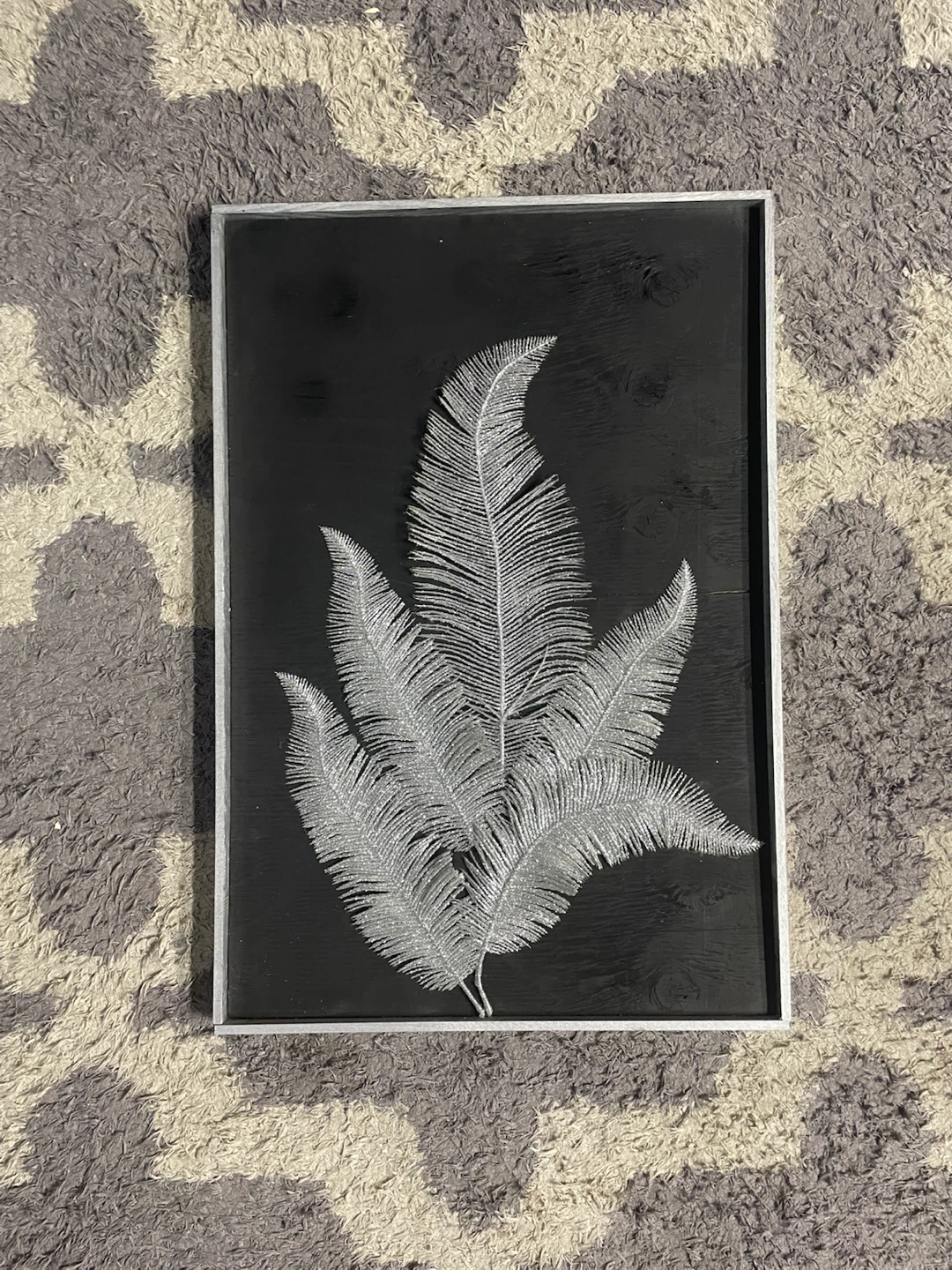 Silver Glitter Fern Wall Art with Black Wood Frame