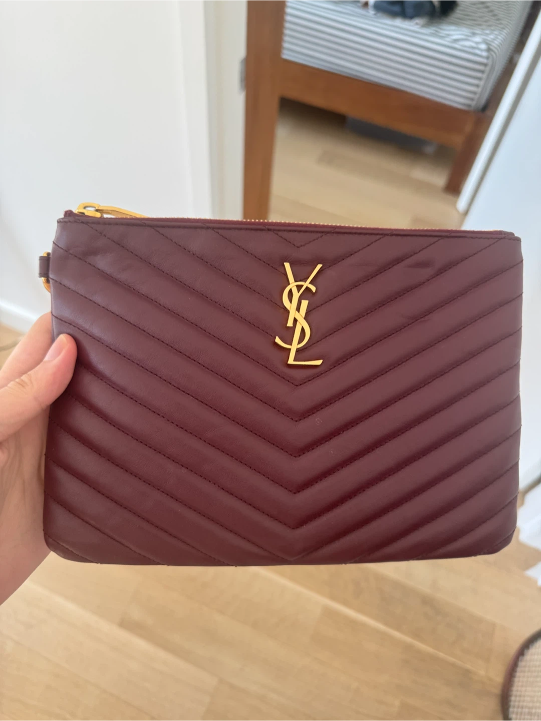Saint Laurent YSL Chevron Pouch Clutch Burgundy Leather
