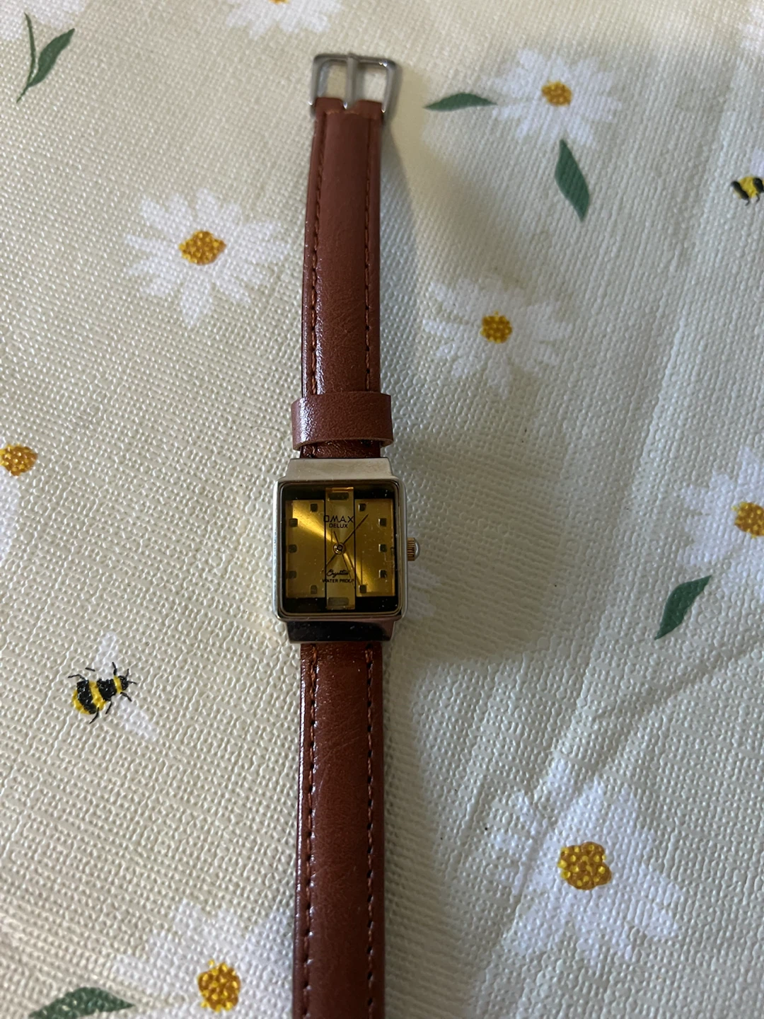 OMAX Square Face Watch with Brown Leather Band