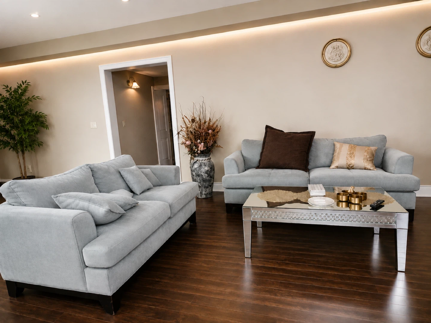 Light Blue Sofa with Pillows