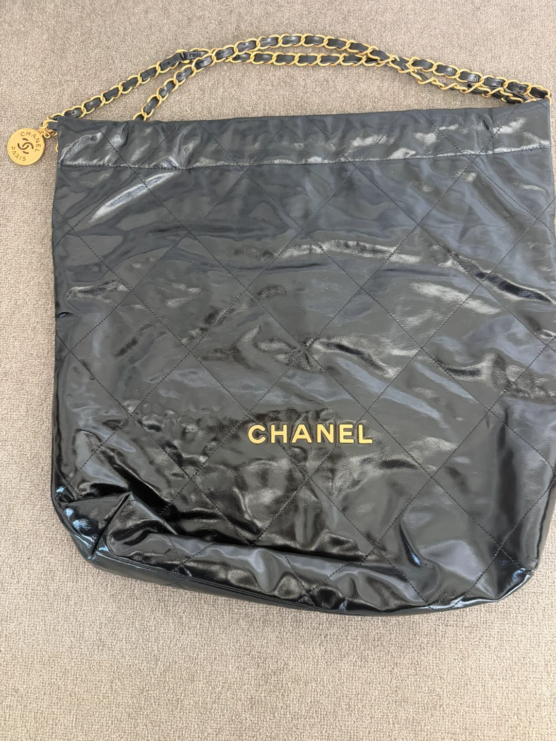 CHANEL Black Quilted Patent Leather Tote Bag with Pouch