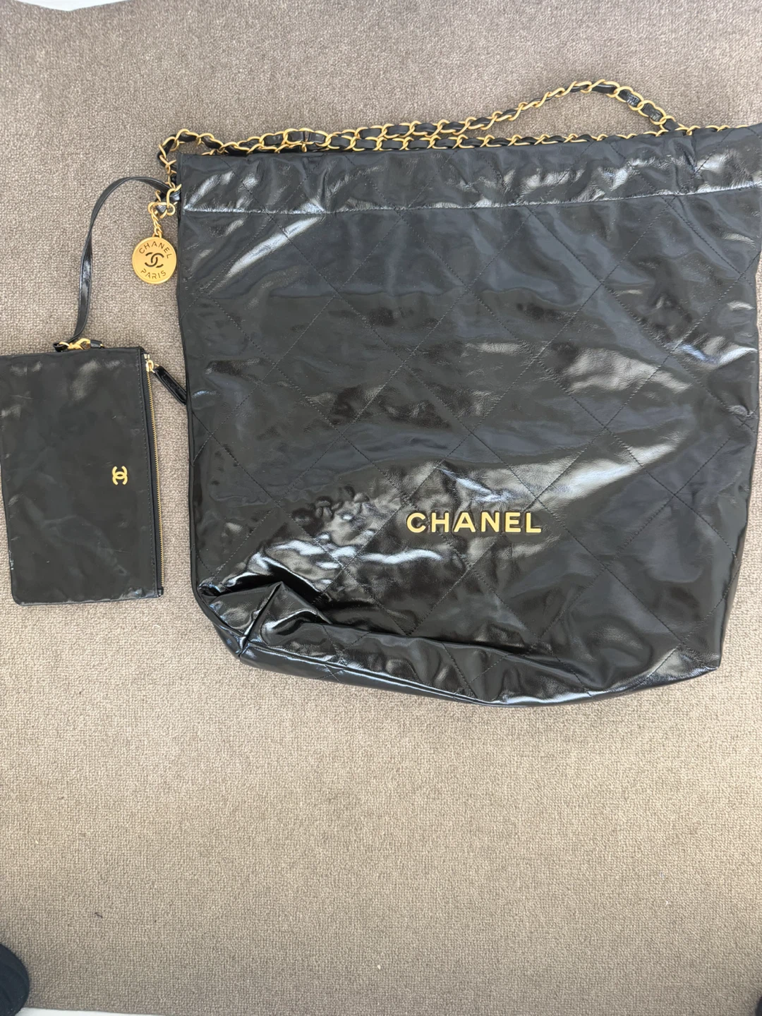 CHANEL Black Quilted Patent Leather Tote Bag with Pouch - photo 2