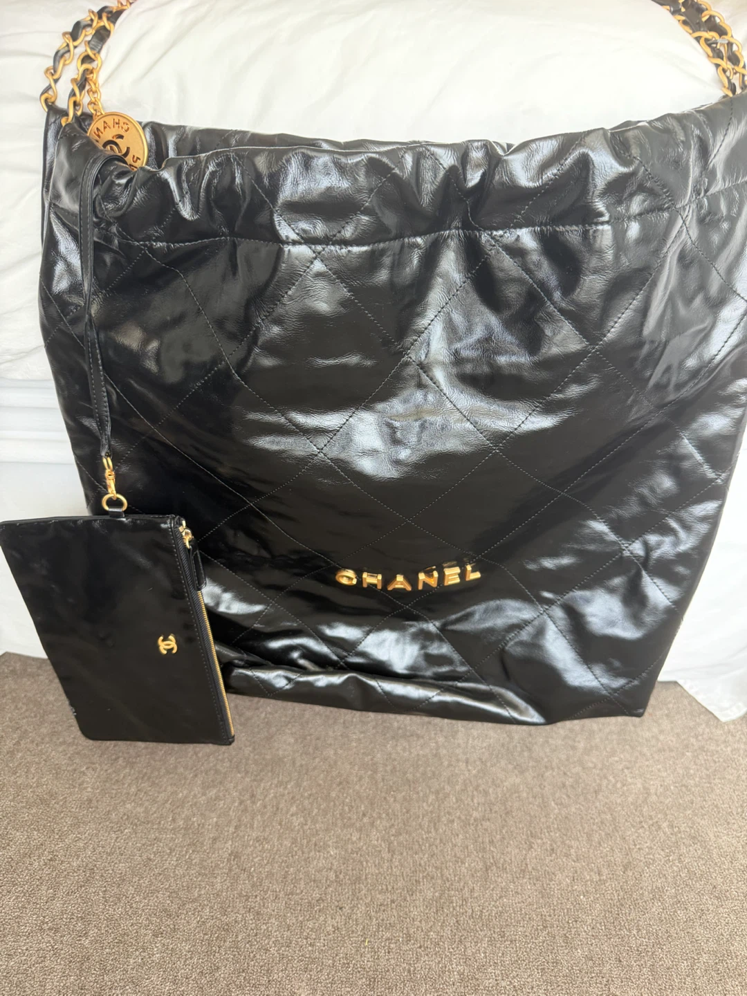 CHANEL Black Quilted Patent Leather Tote Bag with Pouch - photo 3