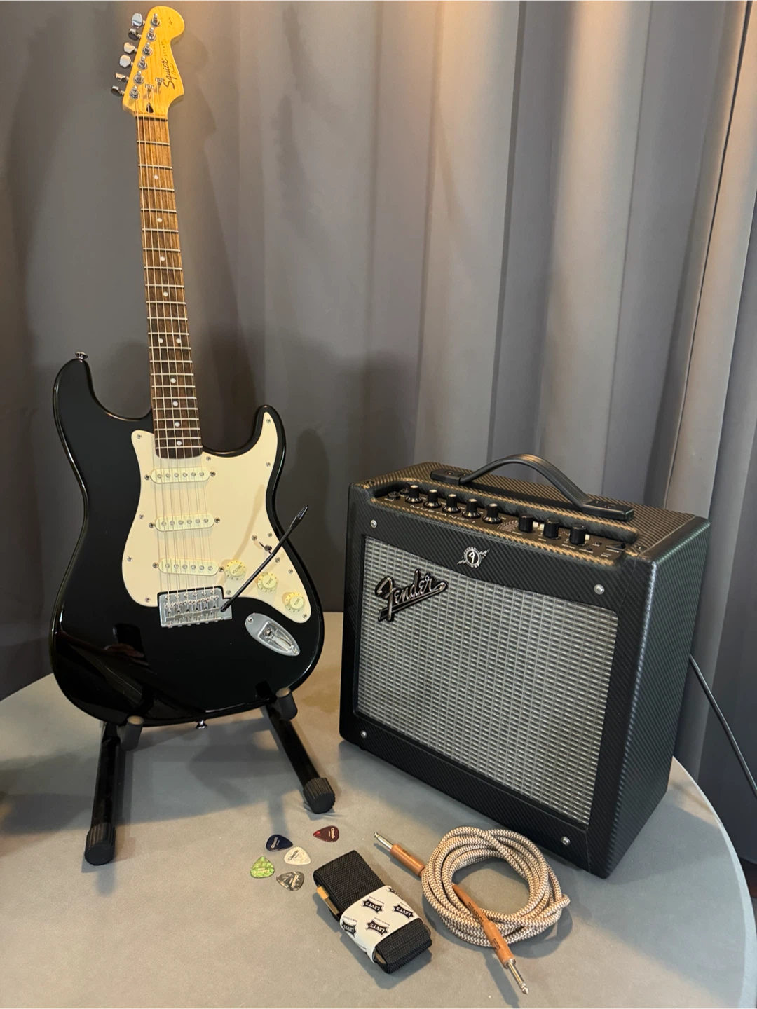 2010 Squier Stratocaster Guitar with Mustang I Amplifier