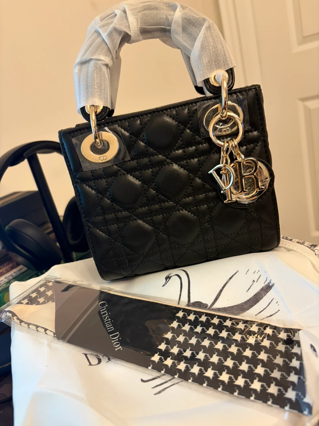 Christian Dior Black Quilted Lady Dior Bag with Scarf