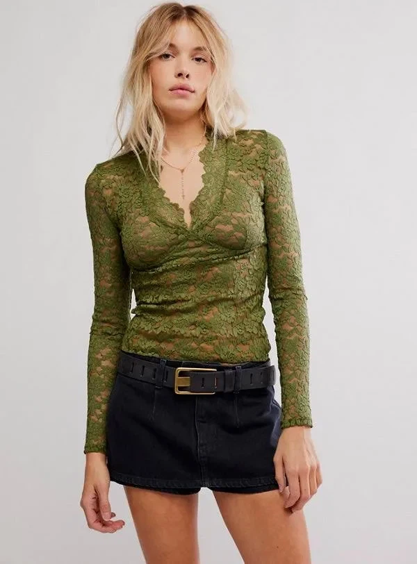 Free People Green Lace Long Sleeve Top