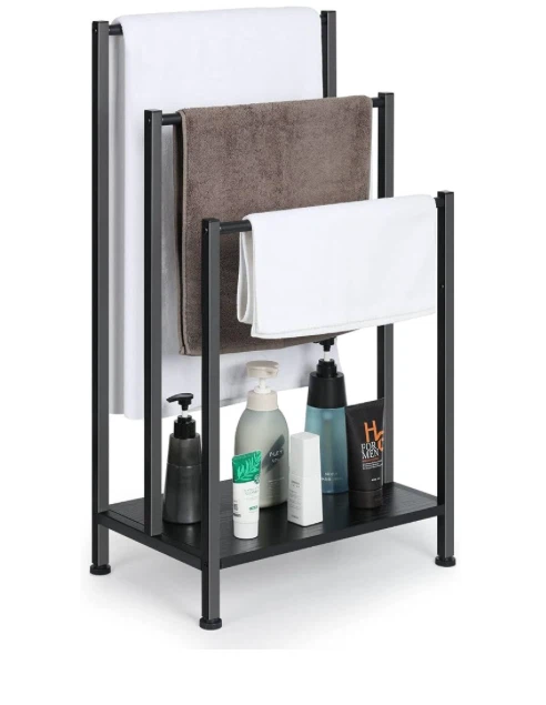 3-Tier Black Metal Towel Rack with Shelf
