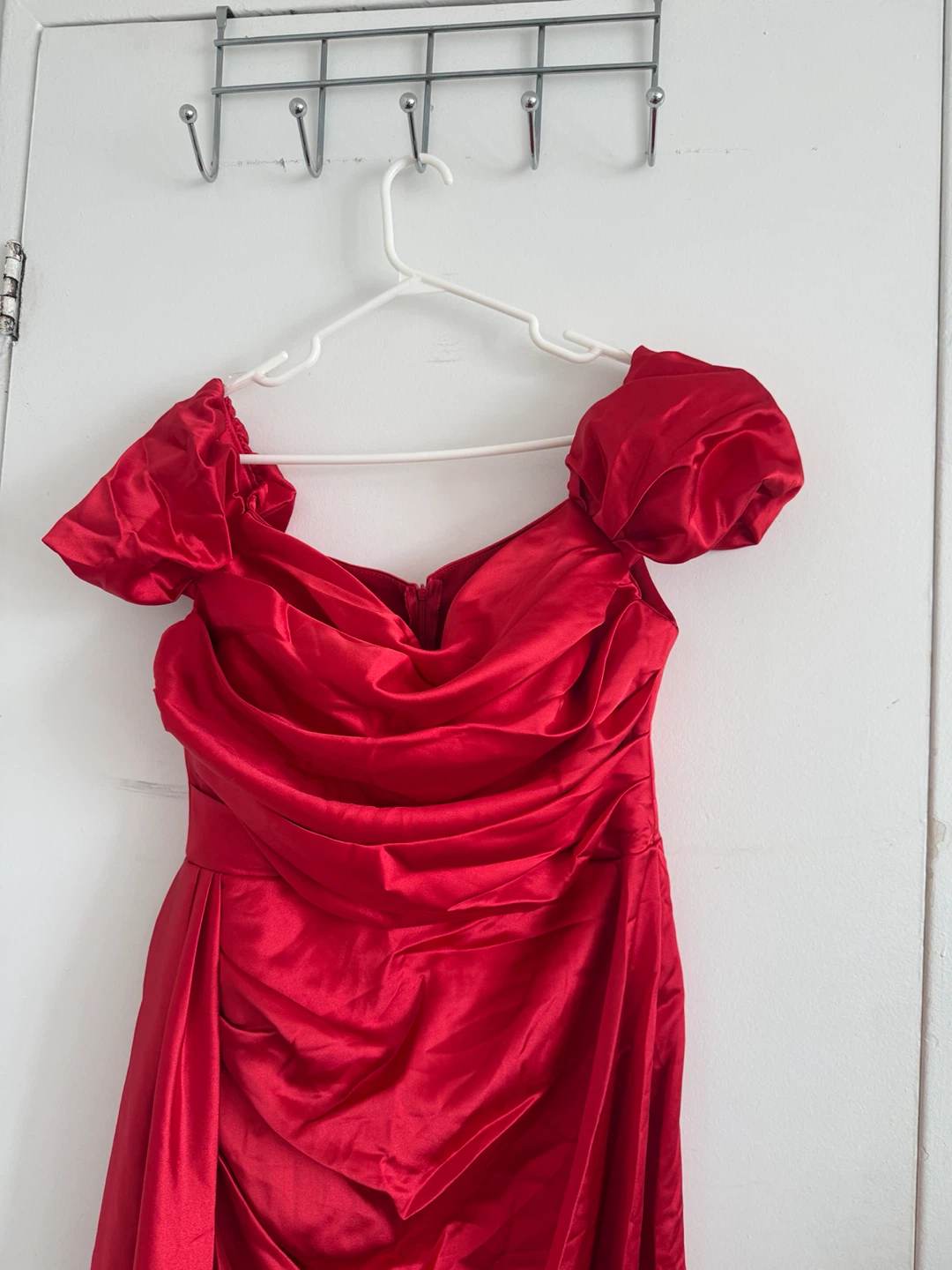 Red Satin Ruched Off-the-Shoulder Gown