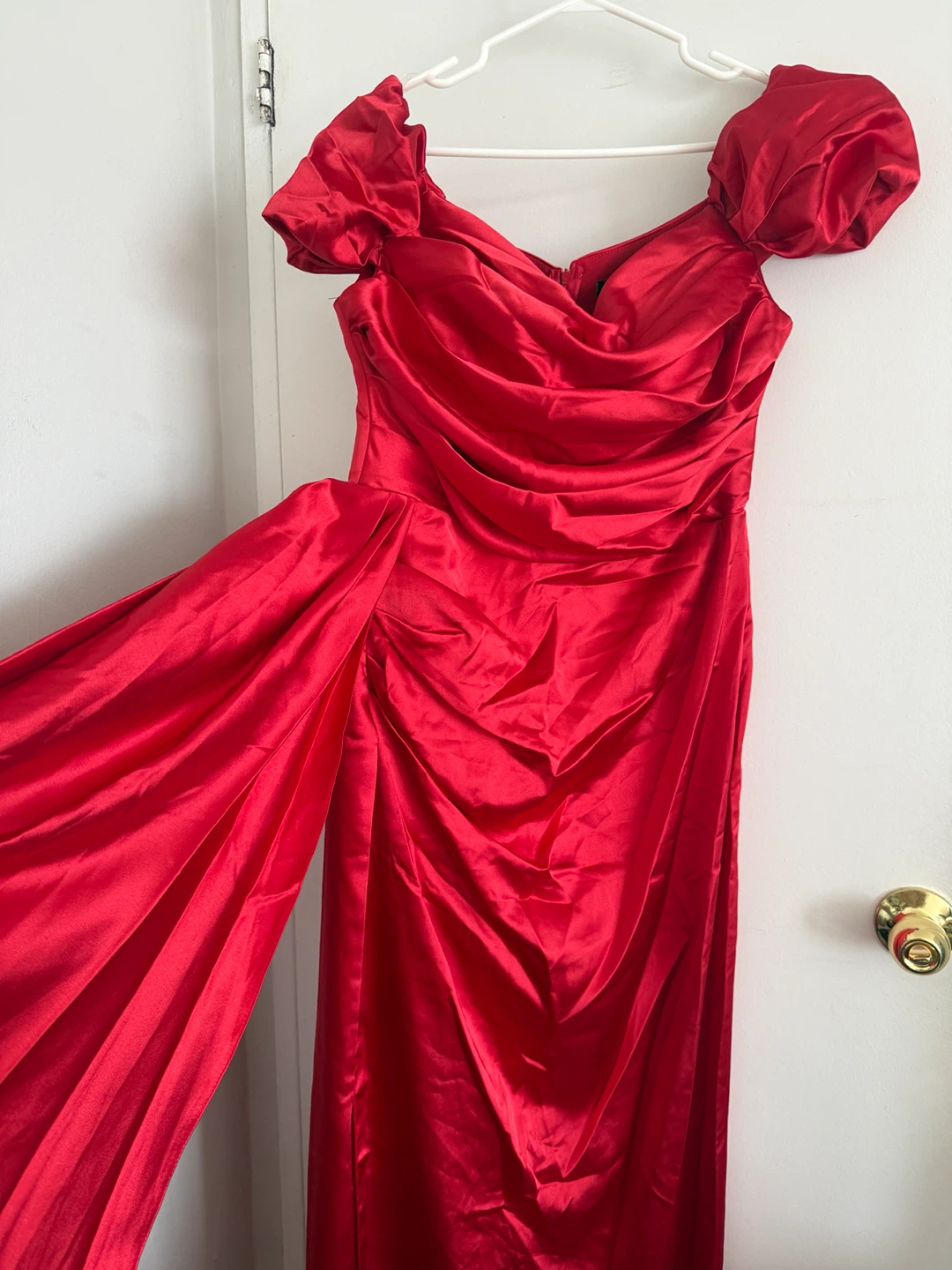 Red Satin Ruched Off-the-Shoulder Gown - photo 2