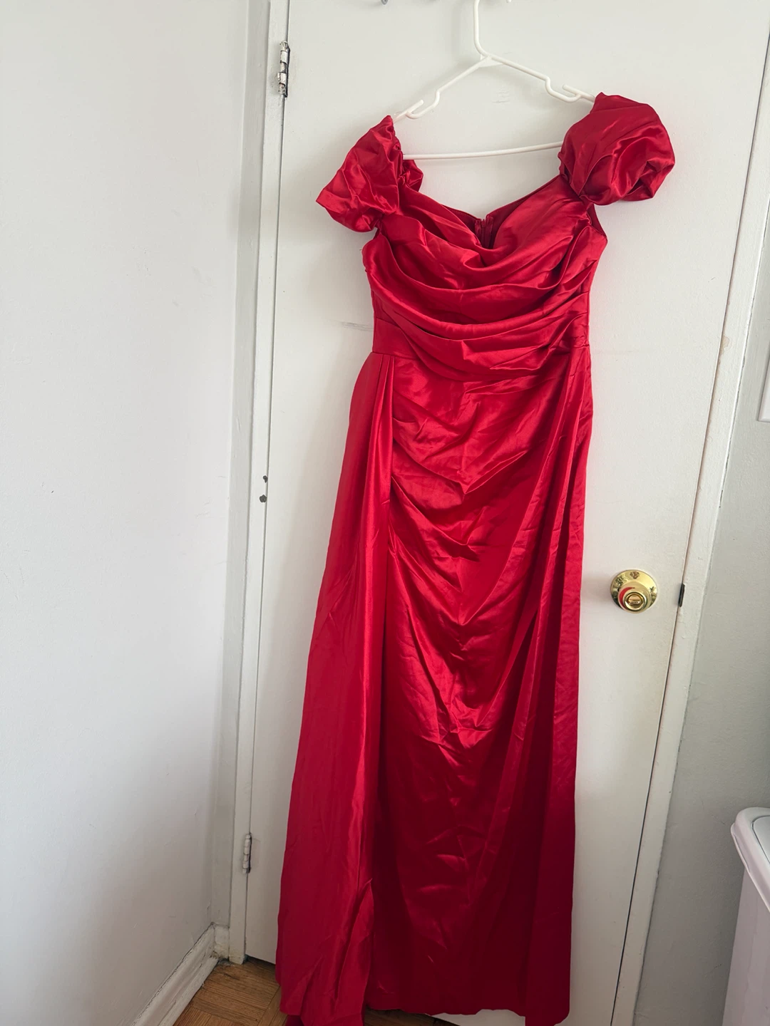 Red Satin Ruched Off-the-Shoulder Gown - photo 3