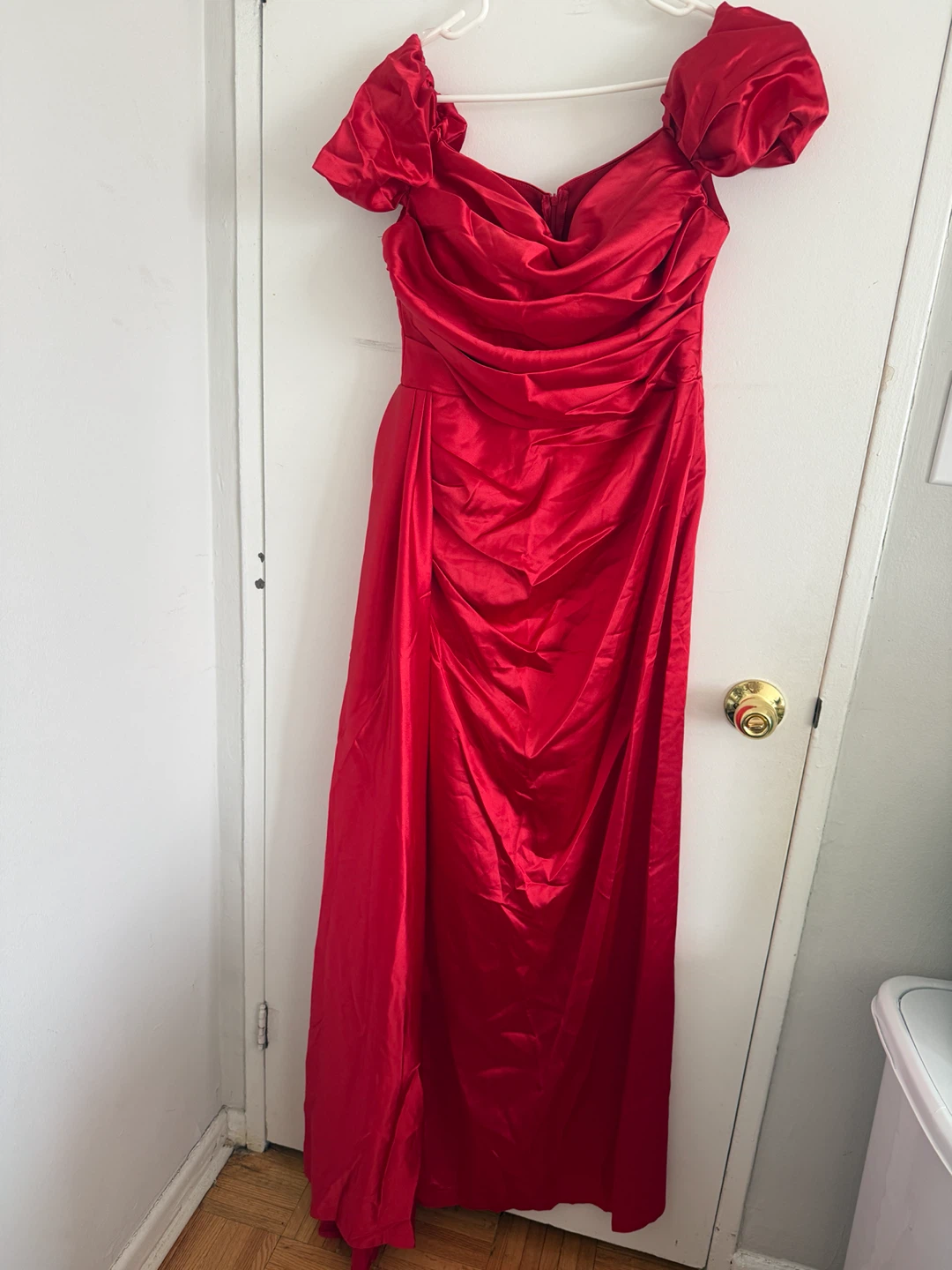 Red Satin Ruched Off-the-Shoulder Gown - photo 4