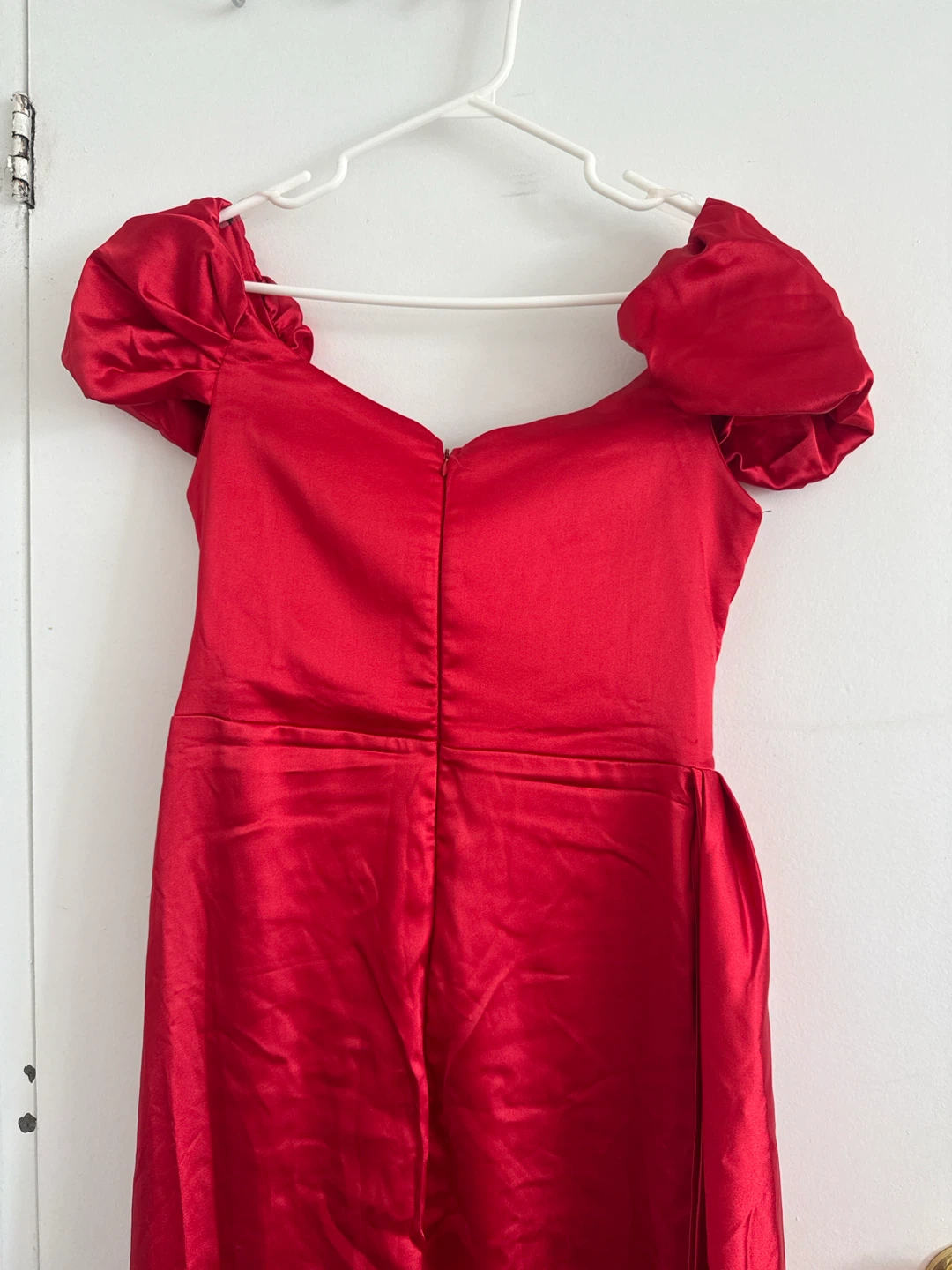 Red Satin Ruched Off-the-Shoulder Gown - photo 5