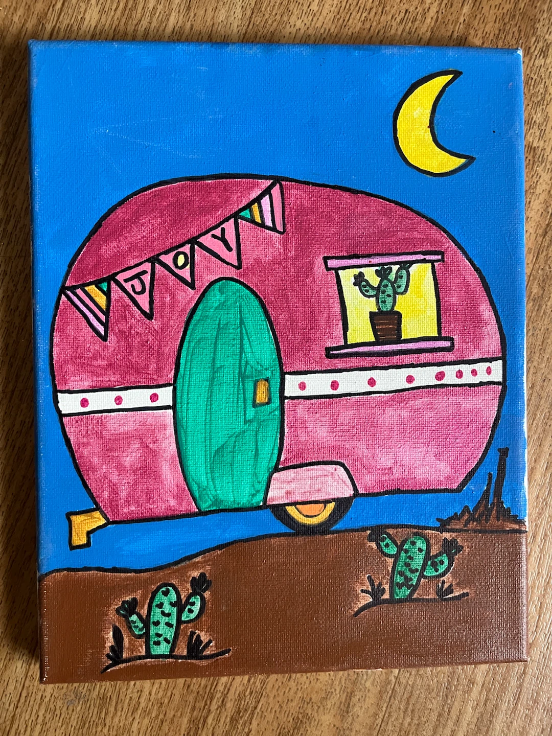 Canvas Art Print - Pink Camper Trailer with Cactus