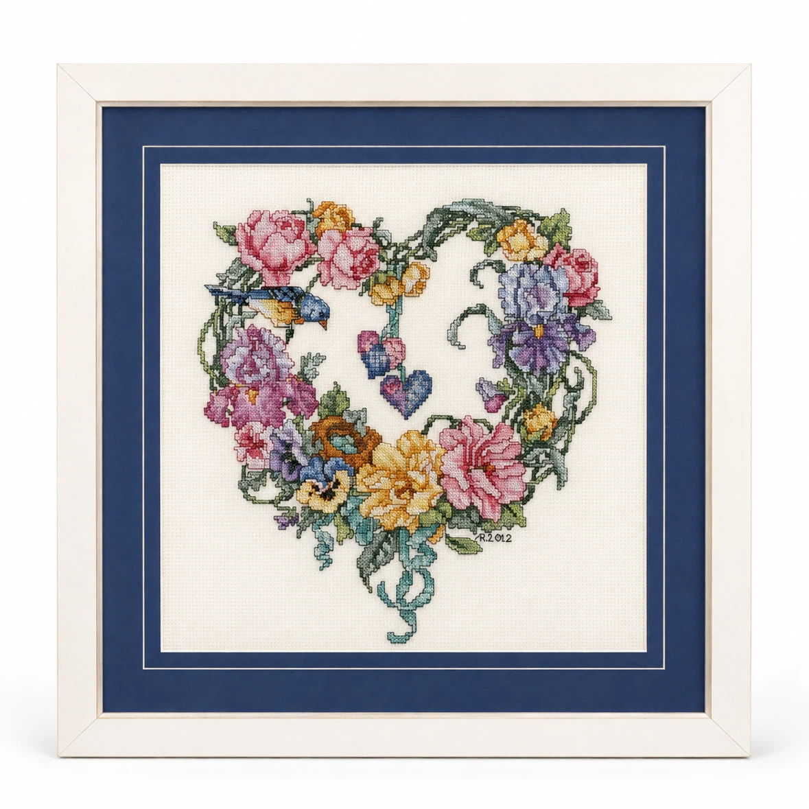 Handcrafted Floral Heart Cross-Stitch Framed Wall Art