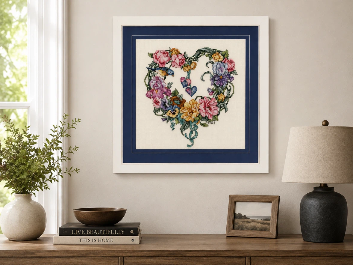Handcrafted Floral Heart Cross-Stitch Framed Wall Art - photo 2