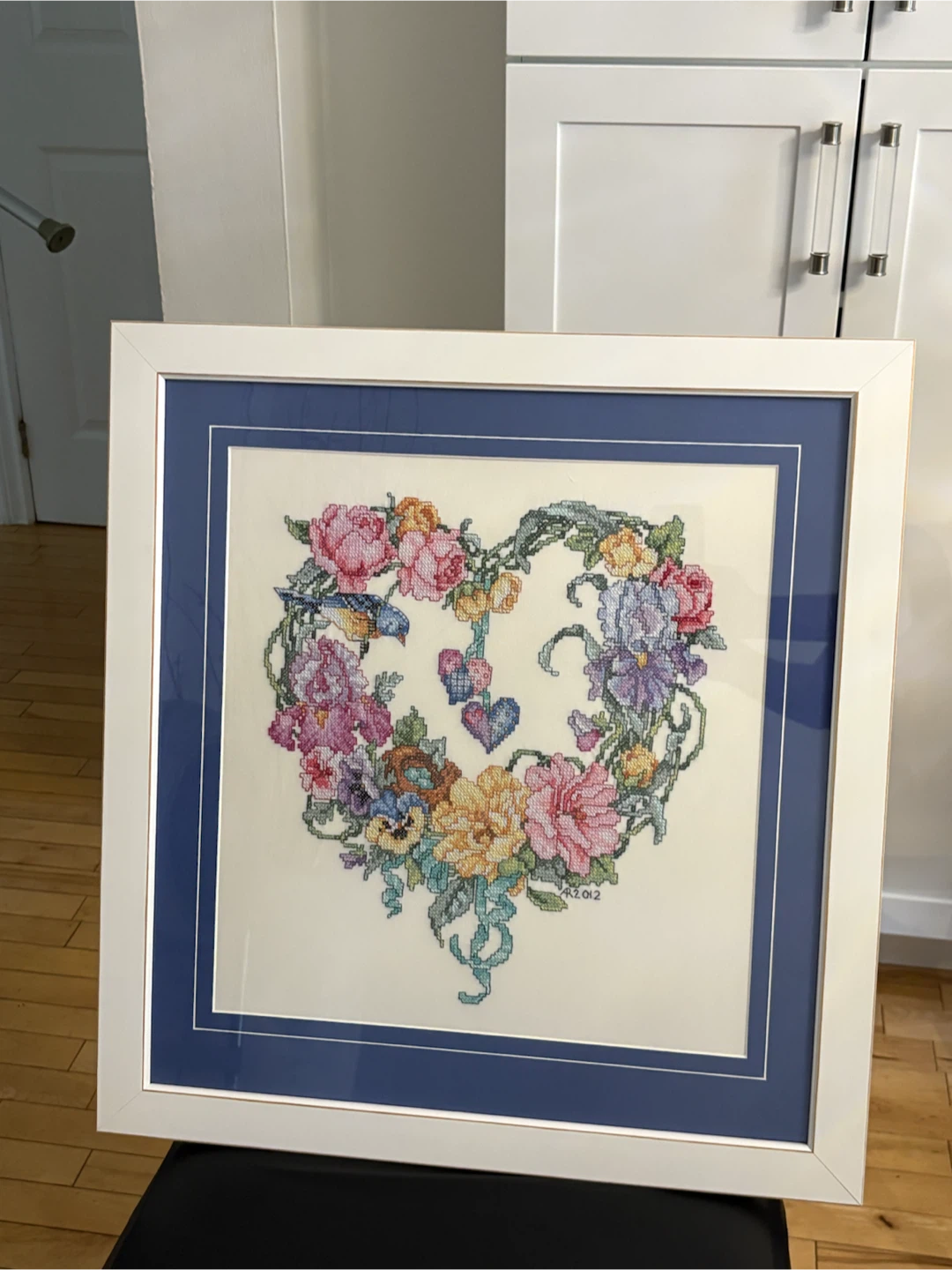 Handcrafted Floral Heart Cross-Stitch Framed Wall Art - photo 3