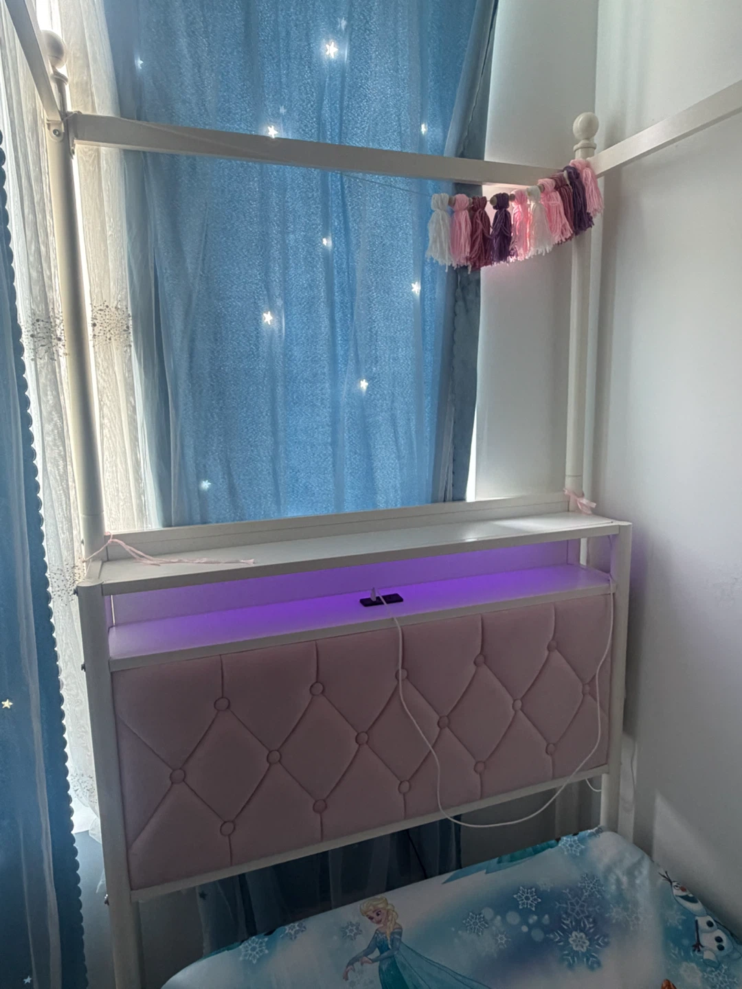 Princess Canopy Bed with Pink Tufted Headboard and LED Lights