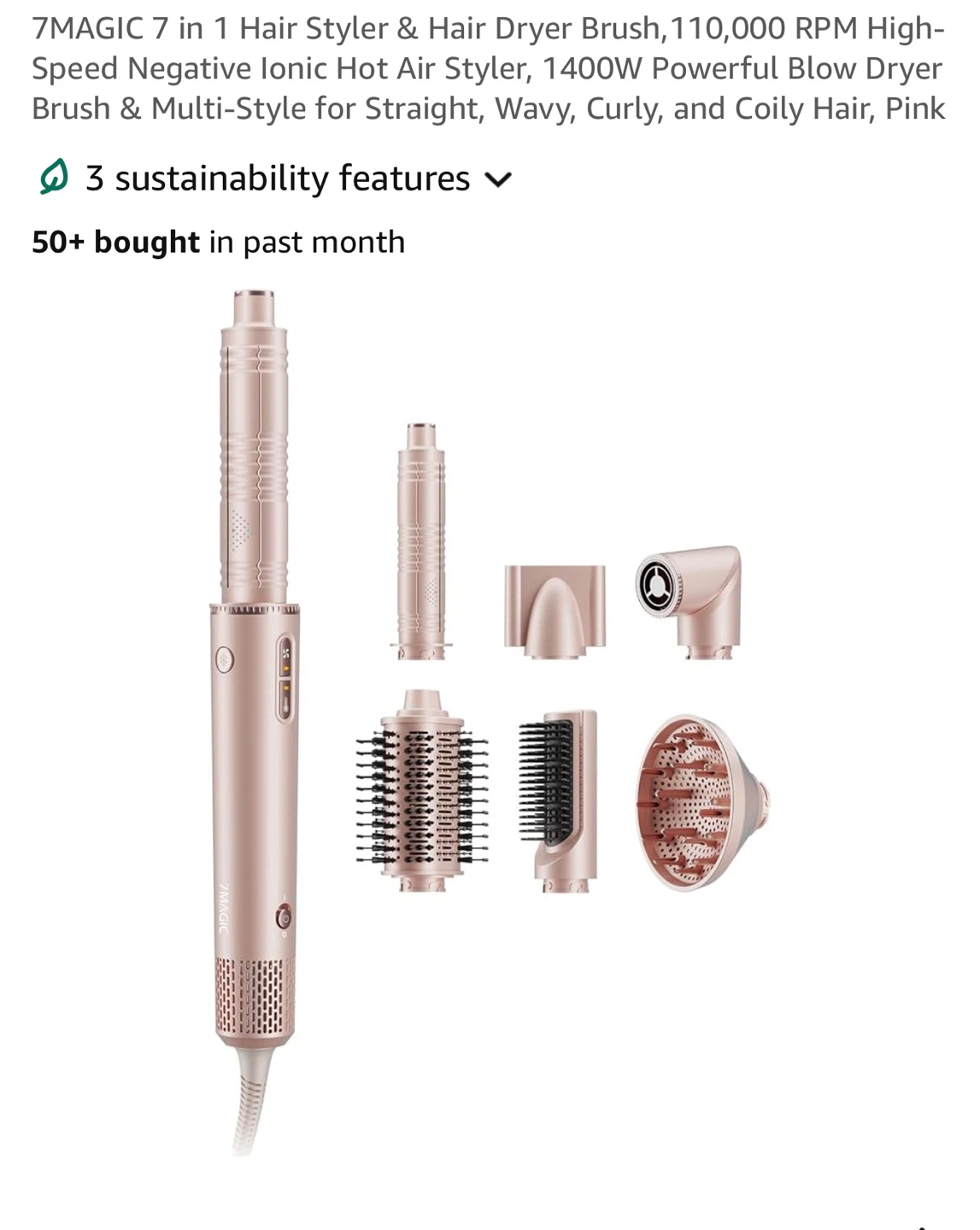 7MAGIC 7 in 1 Hair Styler & Hair Dryer Brush - Pink