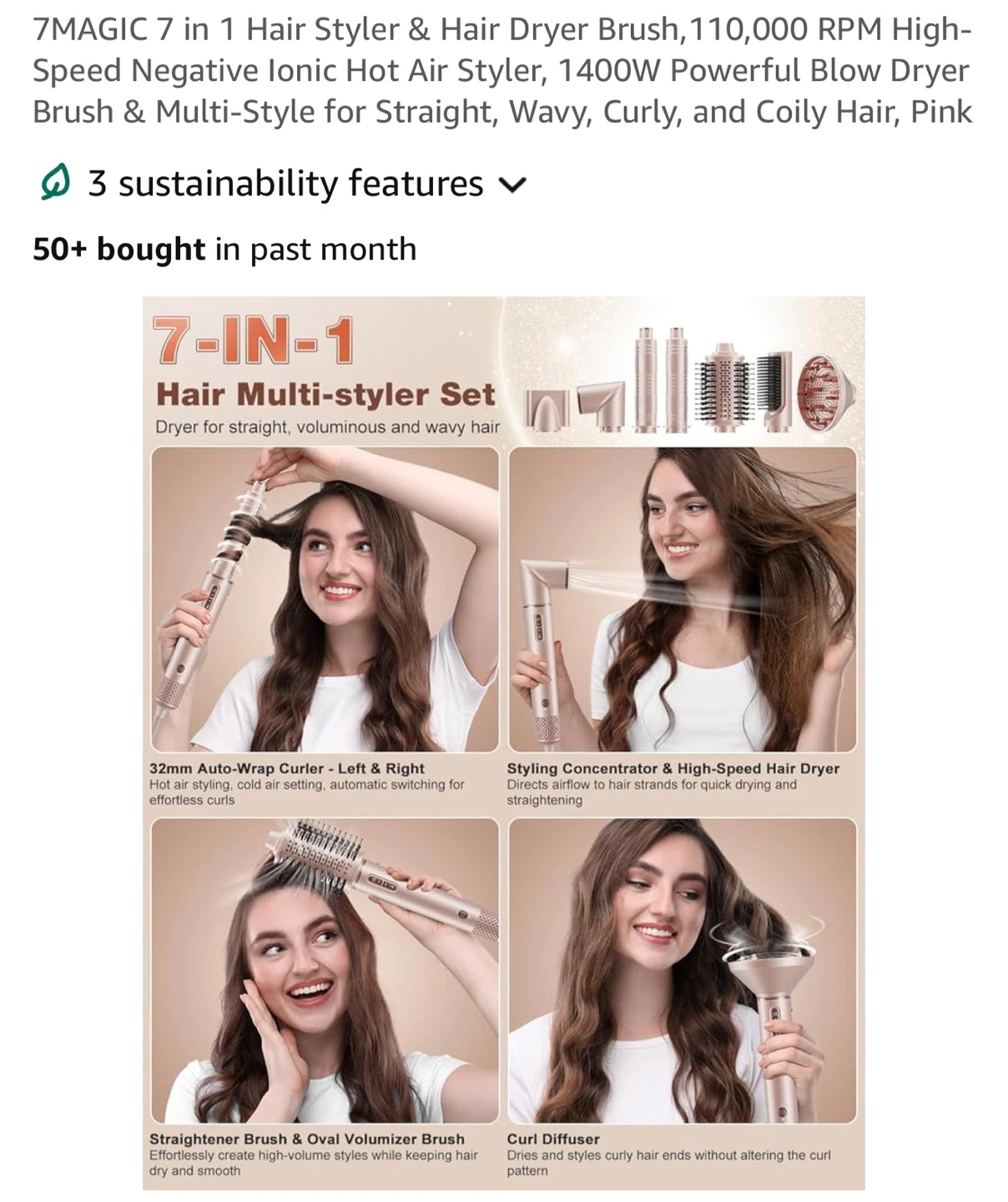 7MAGIC 7 in 1 Hair Styler & Hair Dryer Brush - Pink - photo 2