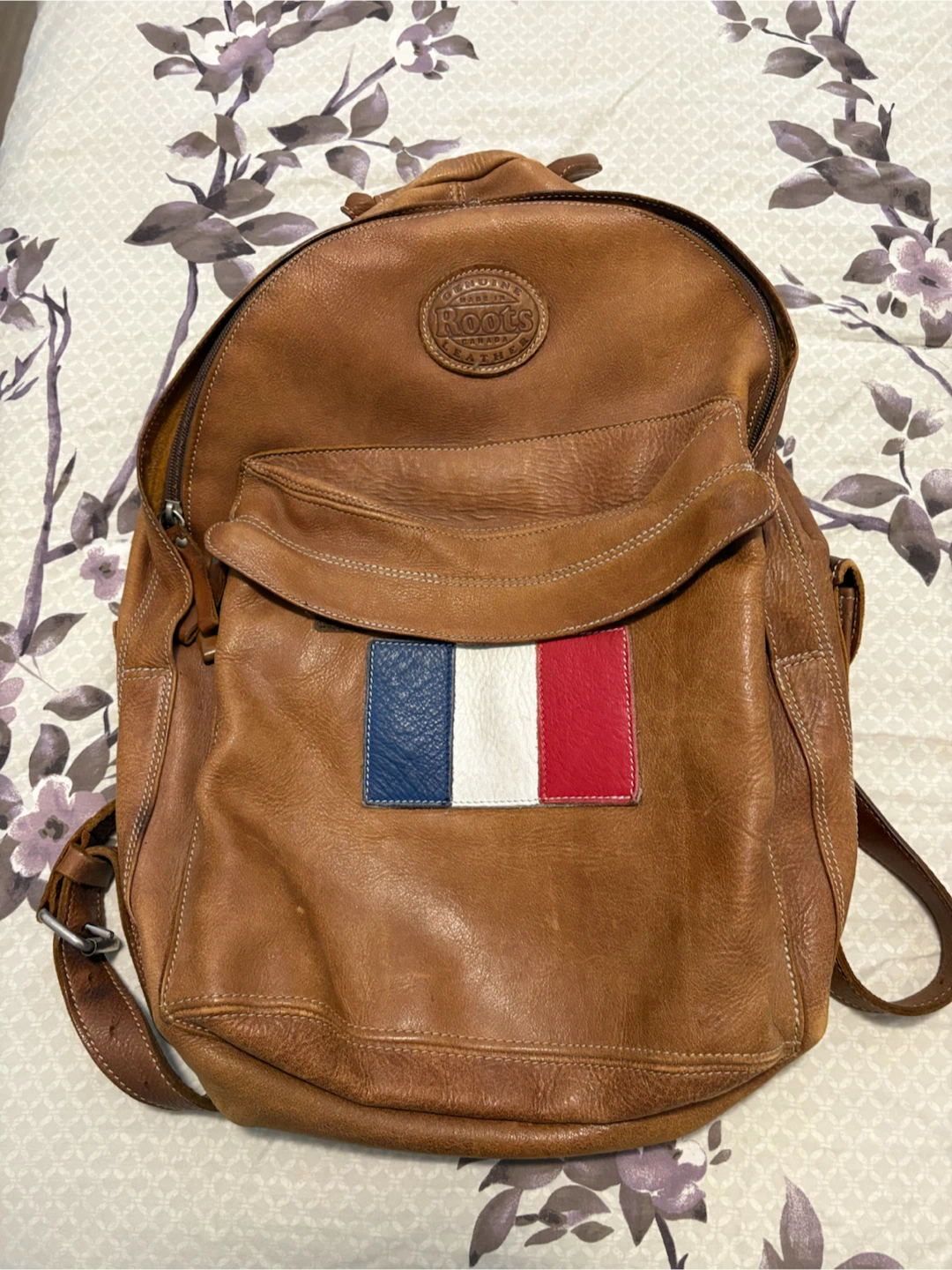 Roots Brown Leather Backpack with French Flag Patch