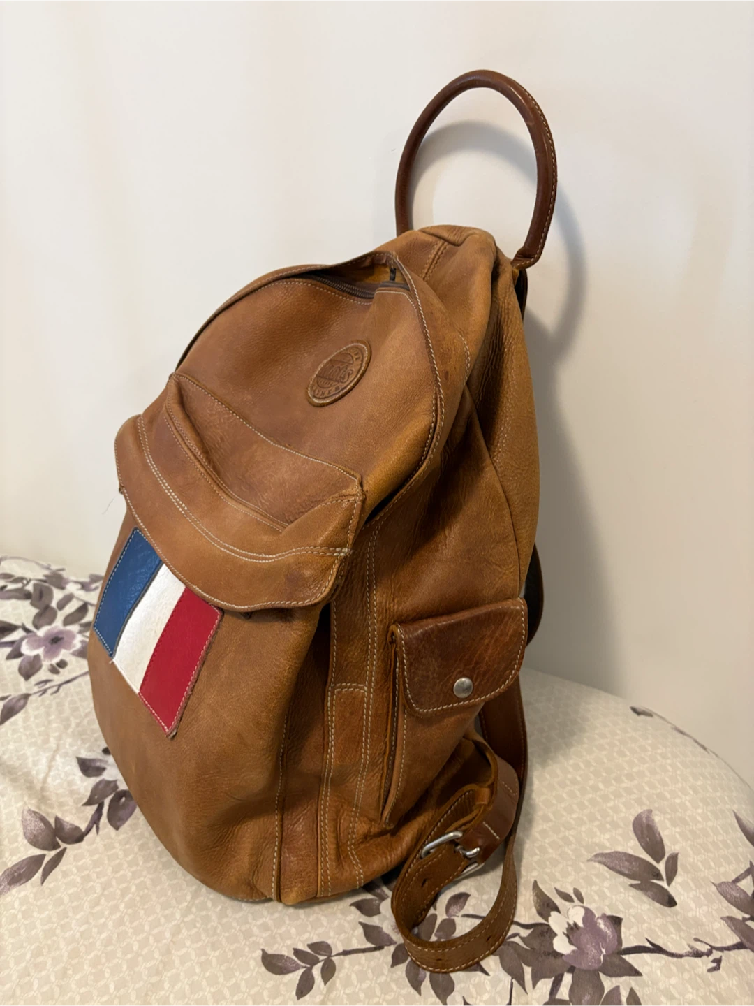 Roots Brown Leather Backpack with French Flag Patch - photo 2