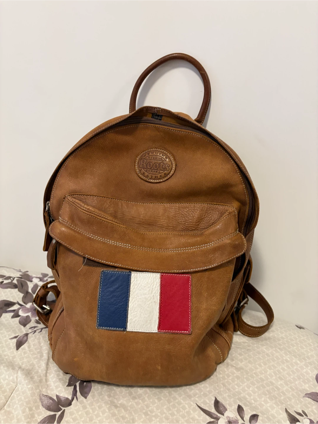 Roots Brown Leather Backpack with French Flag Patch - photo 5