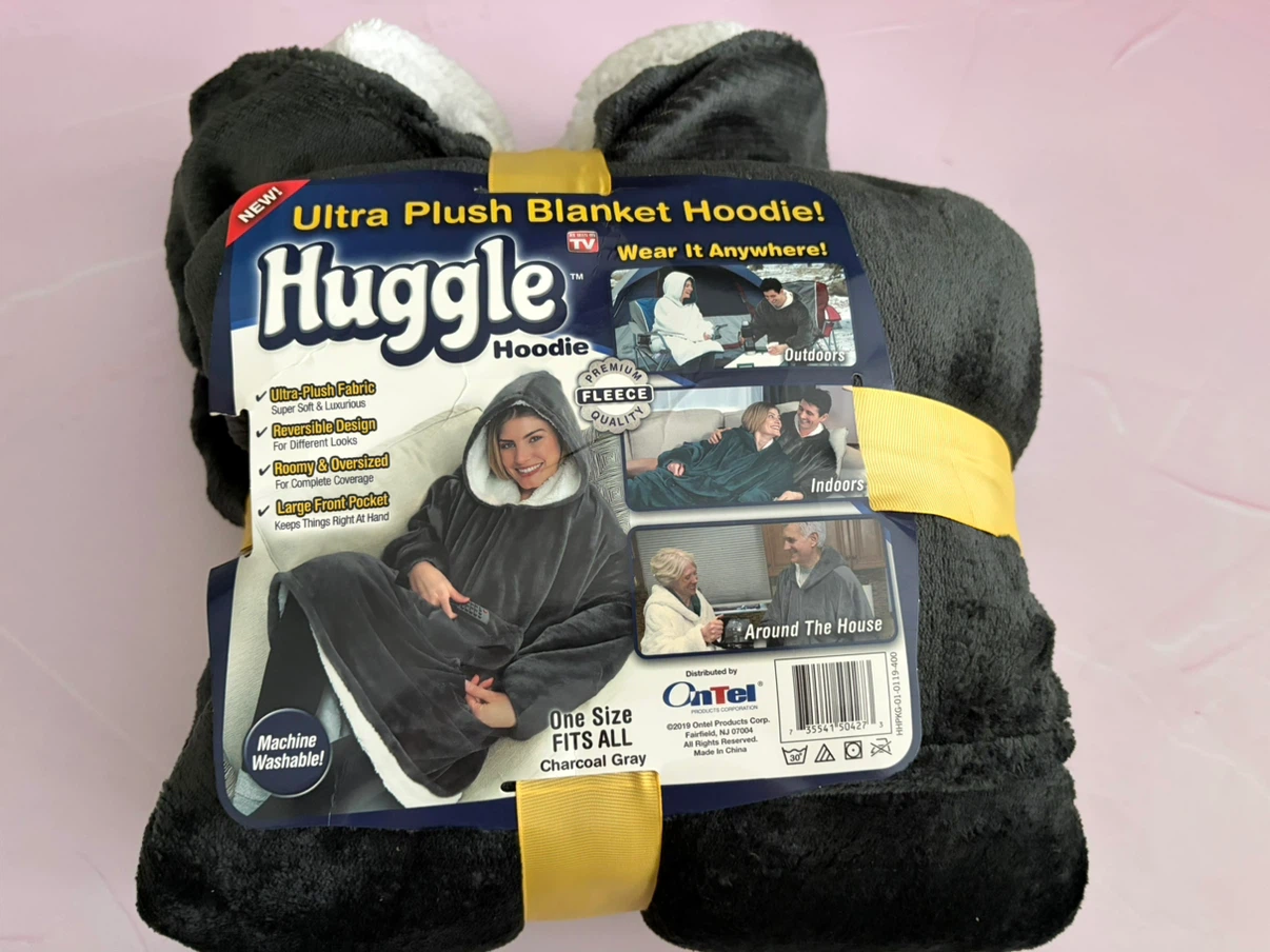 New Huggle Plush Hooded Blanket Charcoal Grey One Size