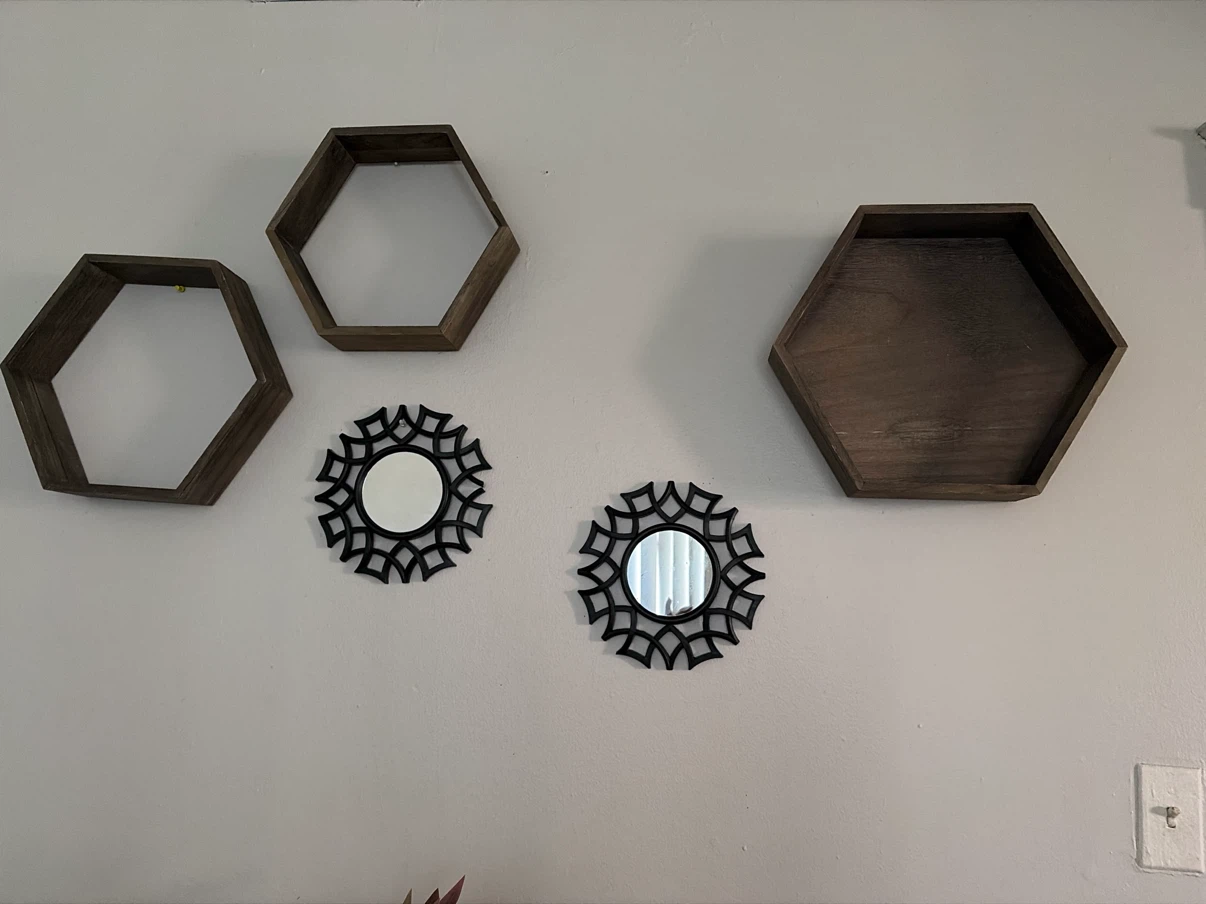 Set of 3 Hexagon Shelves & 2 Sunburst Mirrors