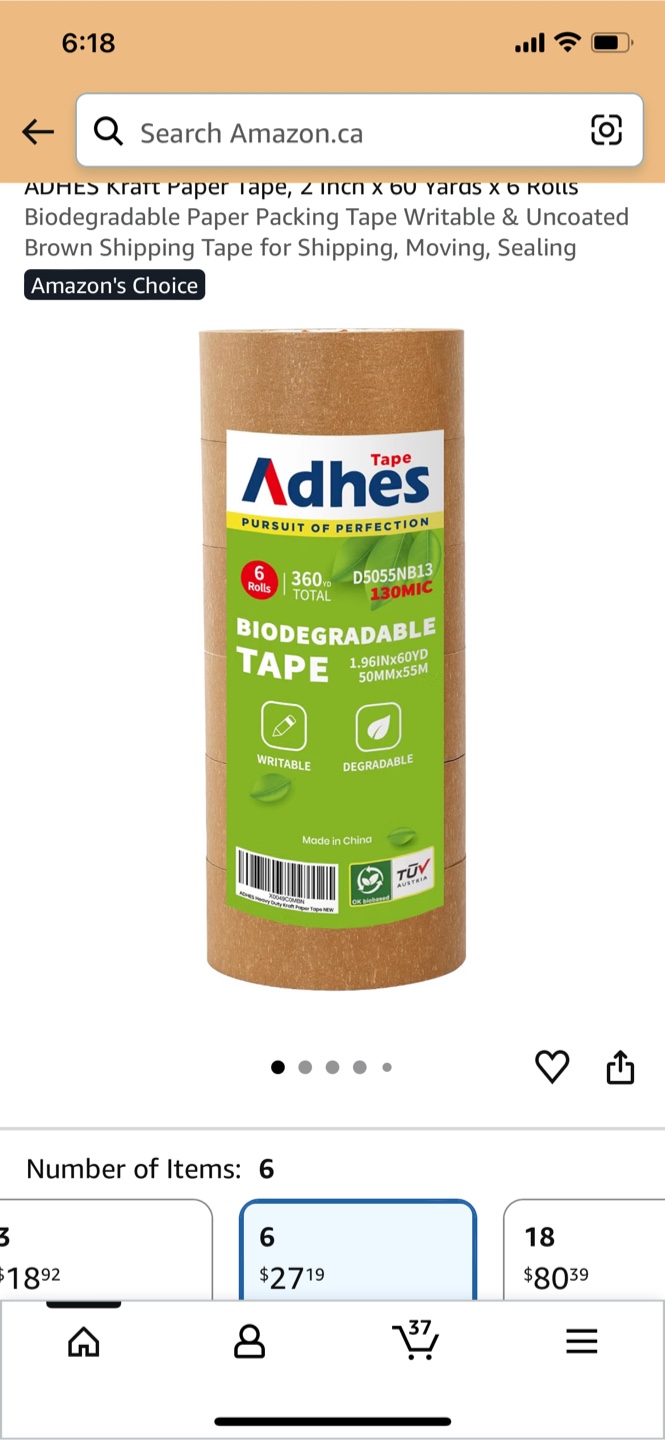 Biodegradable Kraft Paper Tape - 2 Inch x 60 Yards, 6 Rolls