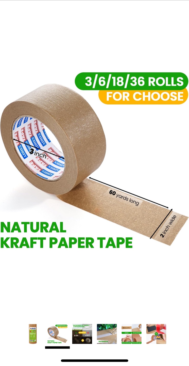 Biodegradable Kraft Paper Tape - 2 Inch x 60 Yards, 6 Rolls - photo 2