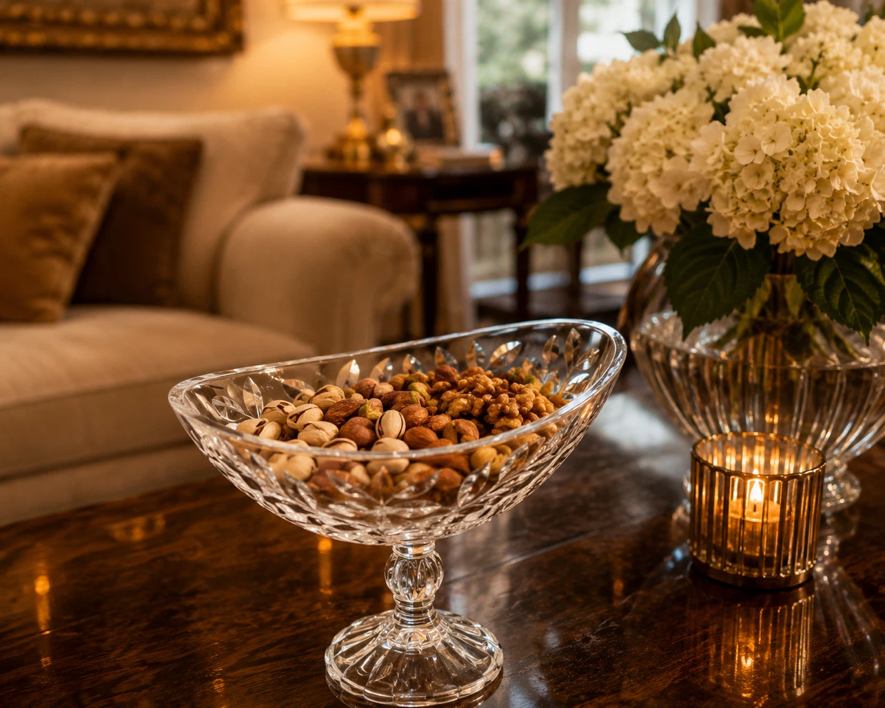 Crystal serving bowl with mixed nuts