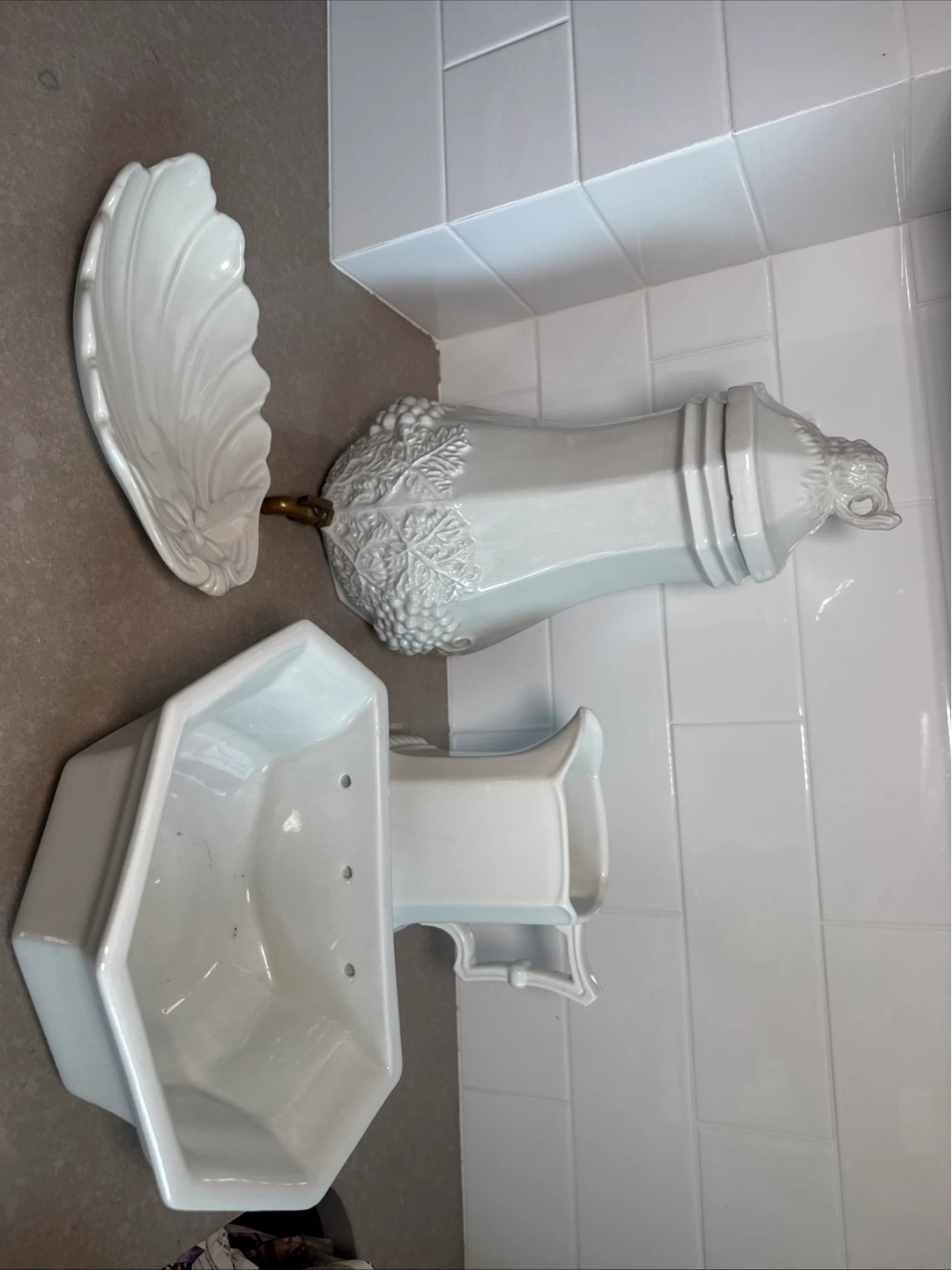 White Ceramic Beverage Dispenser with Grapevine Design