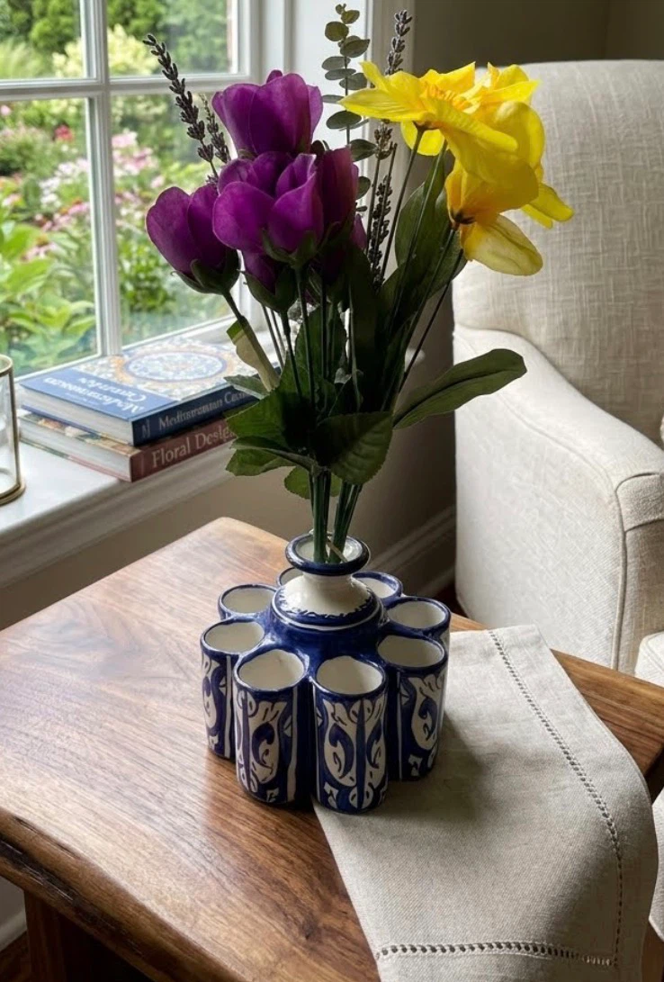 Blue and White Ceramic Holder for Small Cups or Vases