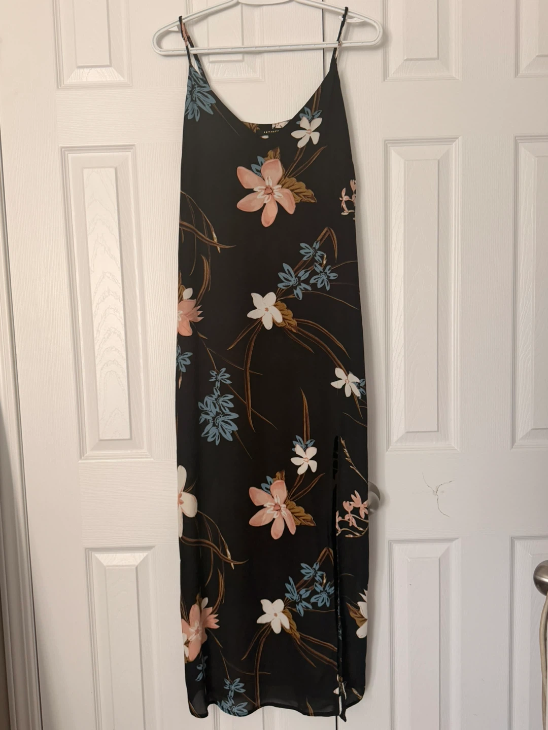 Size small Black floral maxi dress with side slit