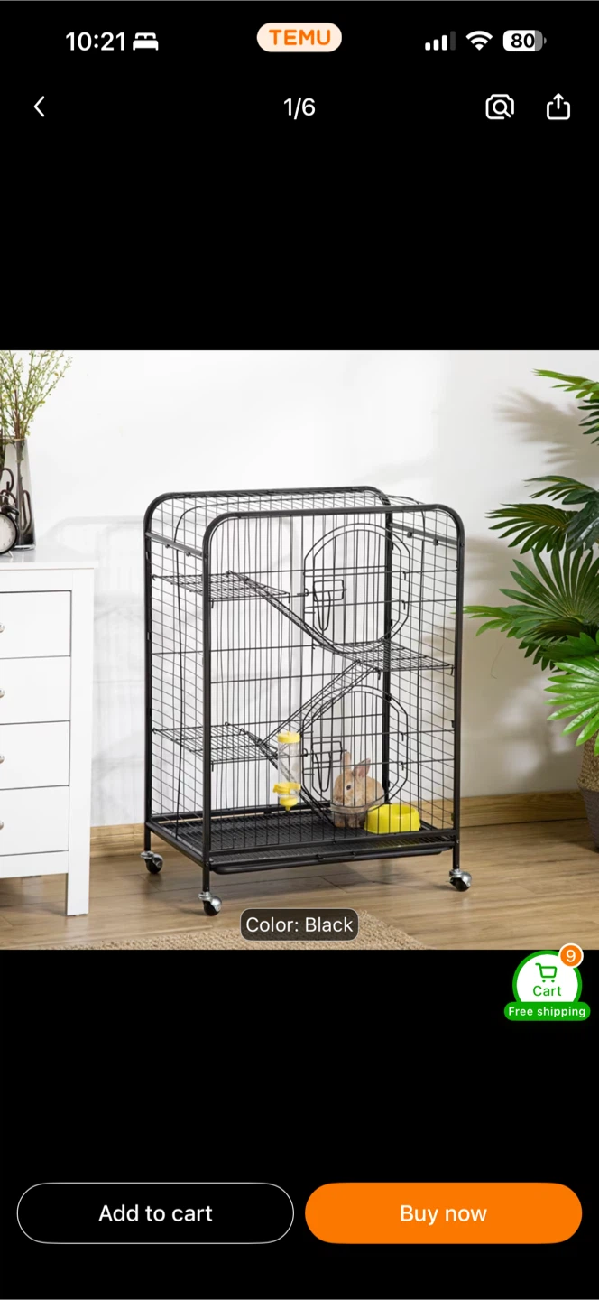 Black multi-level small animal cage with wheels