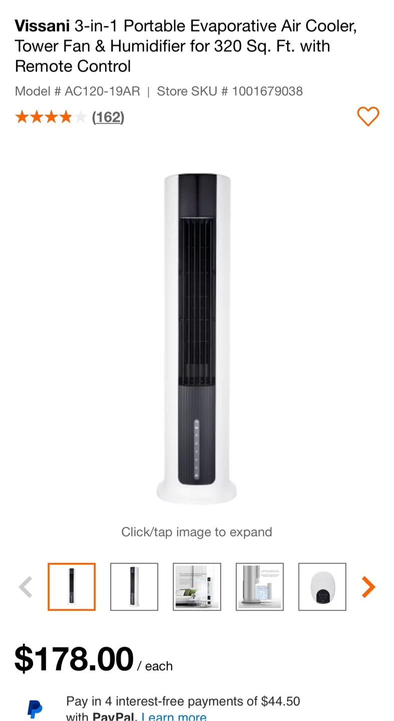 Vissani 3-in-1 Portable Air Cooler, Tower Fan & Humidifier