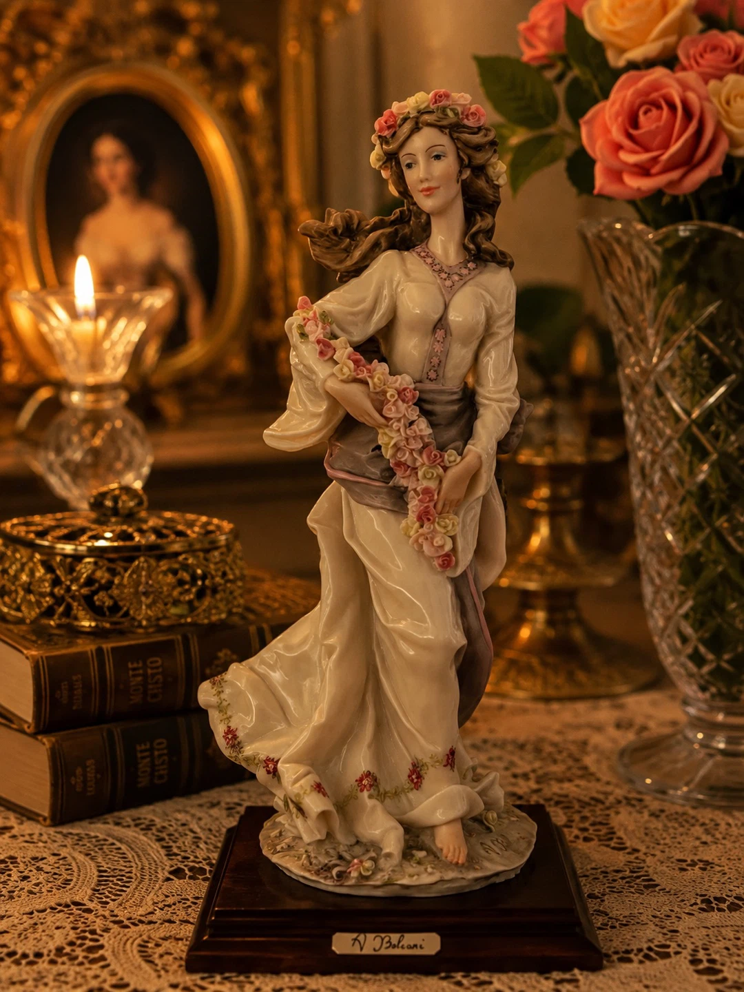 N. Bolcani Porcelain Figurine of Woman with Flowers