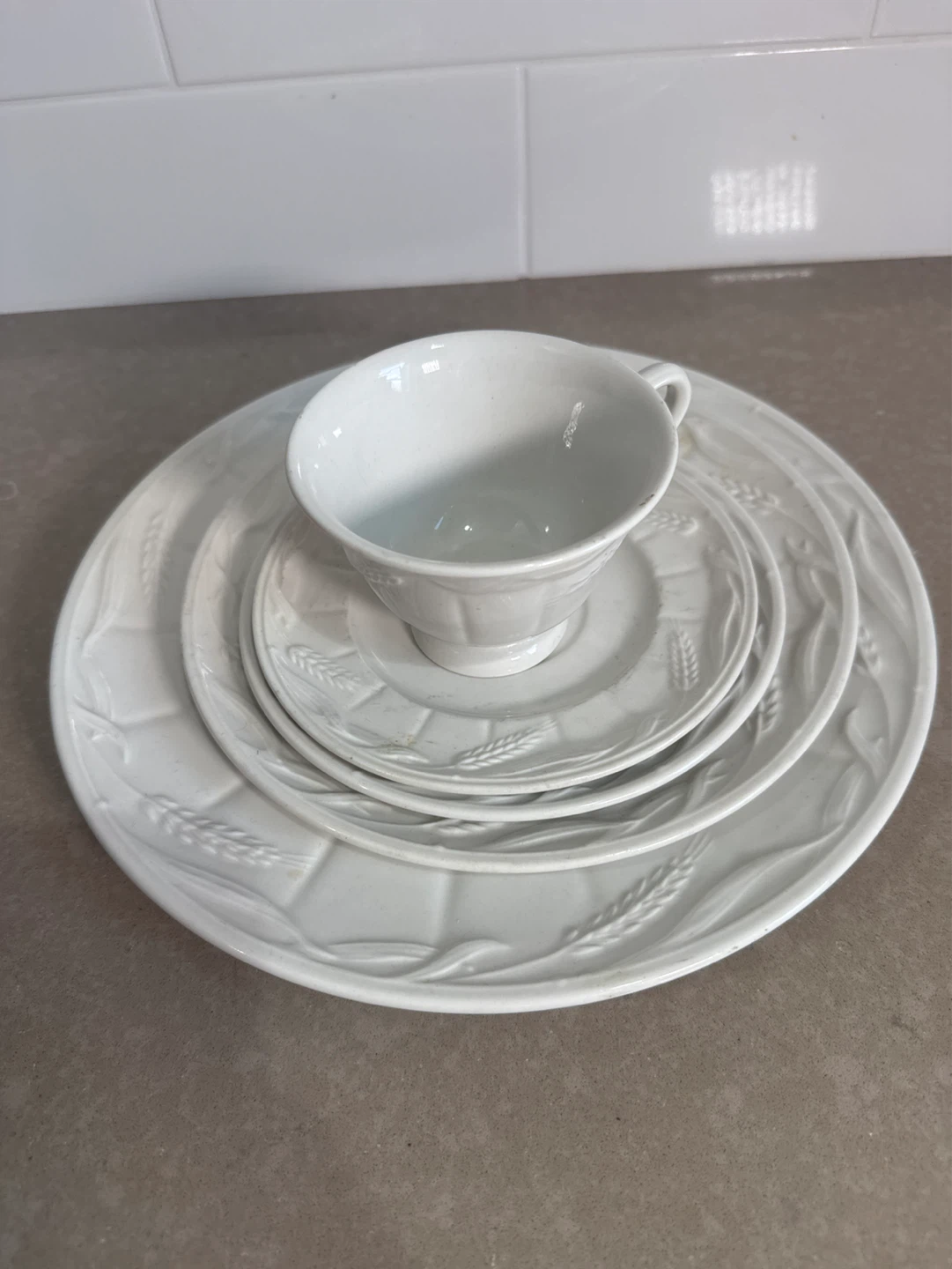 Lot White Ceramic Wheat Pattern Tea Cup and Saucer Set