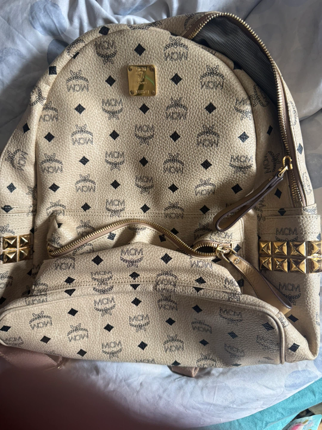 MCM Stark Studded Backpack in Beige