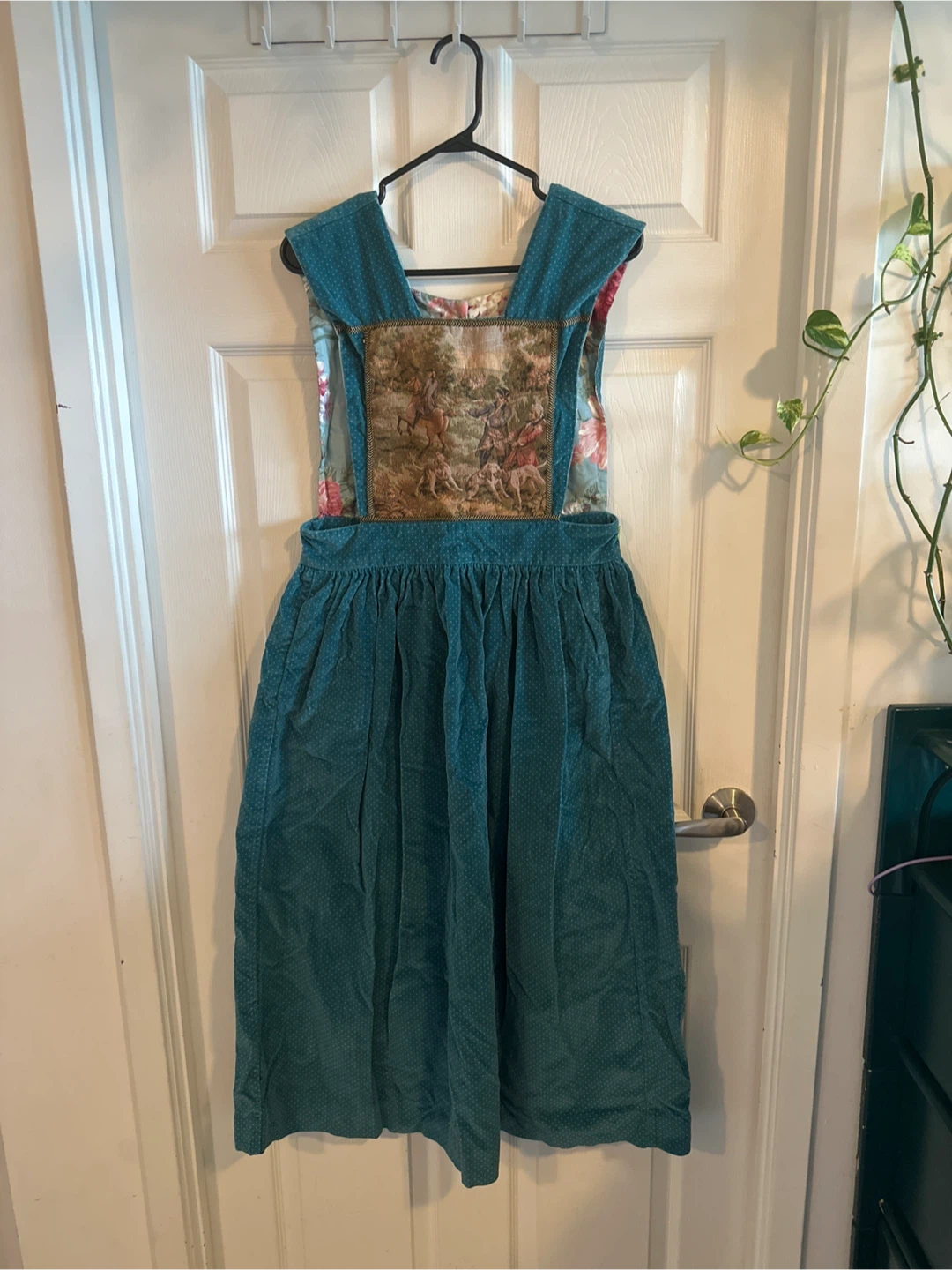 90s Teal Pinafore Dress with Tapestry Panel