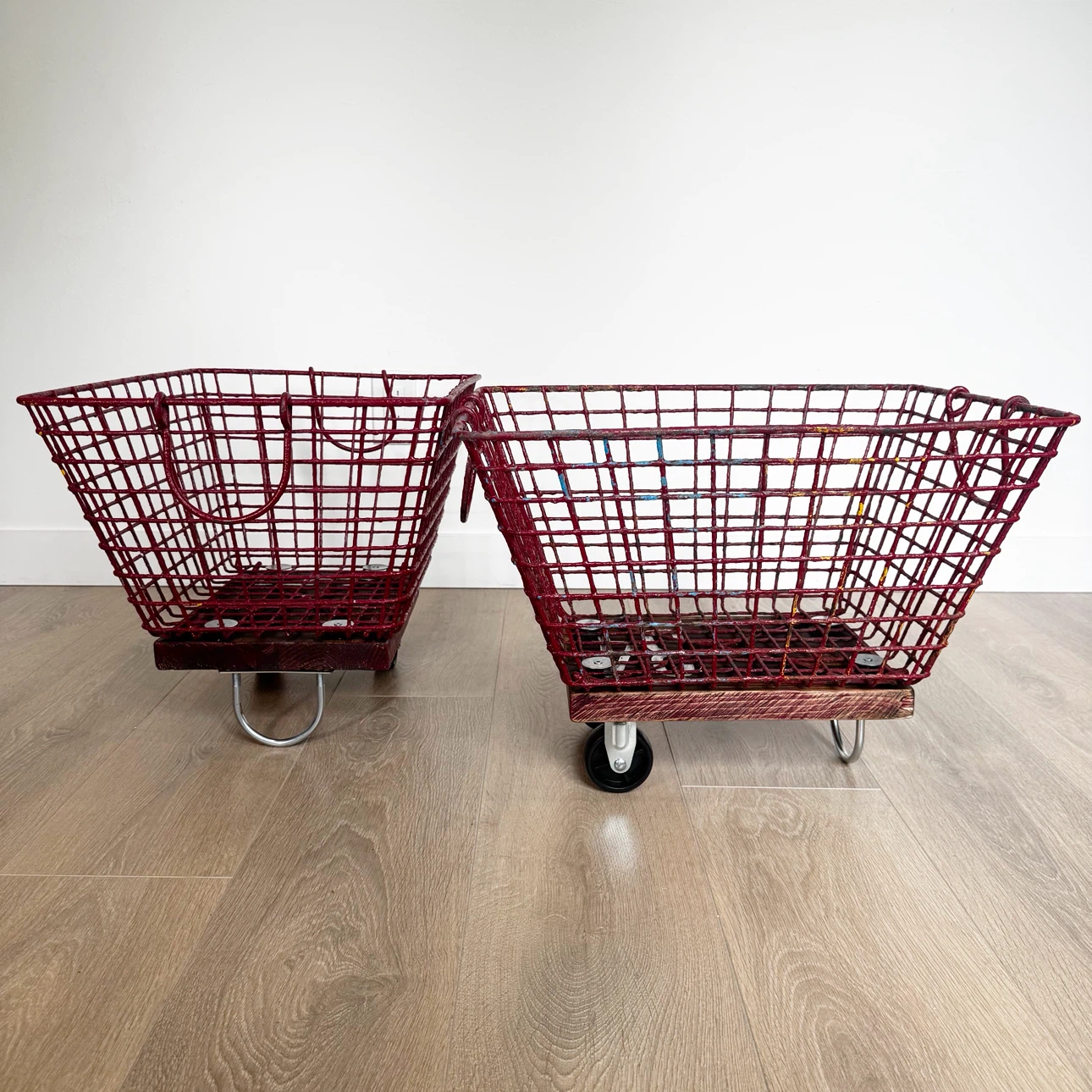 Pair of vintage industrial gym locker baskets on wheels - photo 2