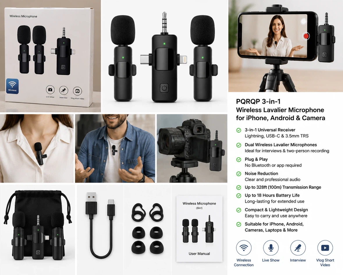 PQRQP 3-in-1 Wireless Lavalier Microphone for iPhone, Android