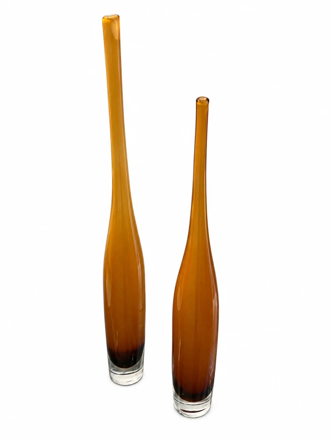 Set of 2 Tall Amber Art Glass Bud Vases Modern Sculptural Décor