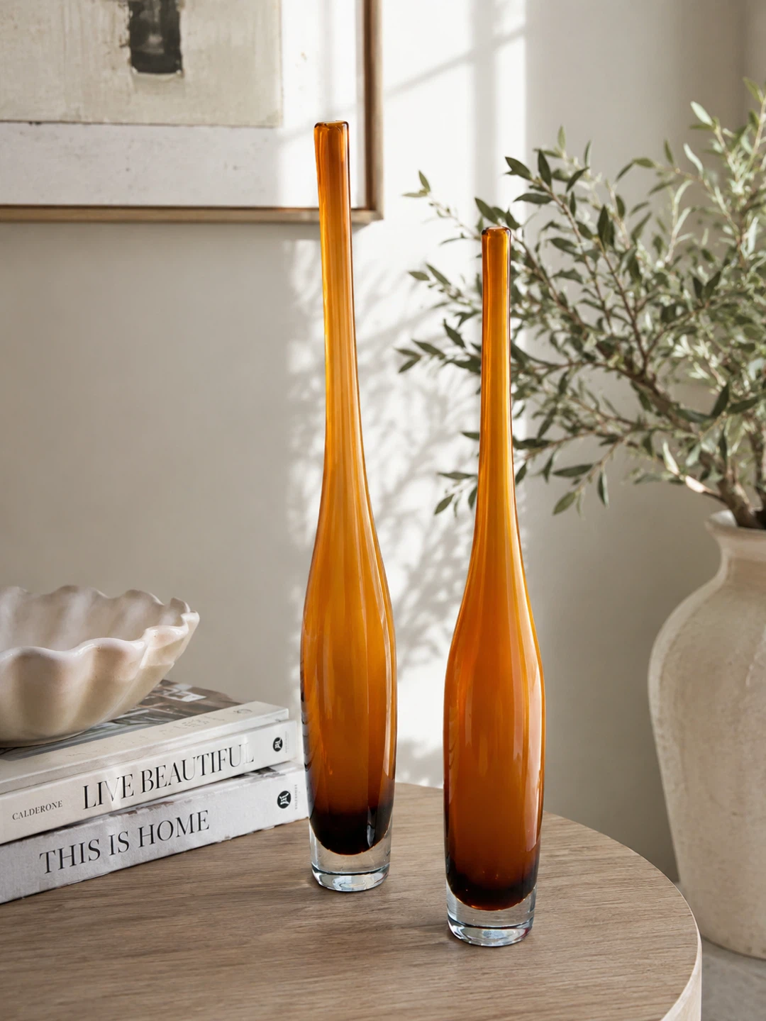 Set of 2 Tall Amber Art Glass Bud Vases Modern Sculptural Décor - photo 2