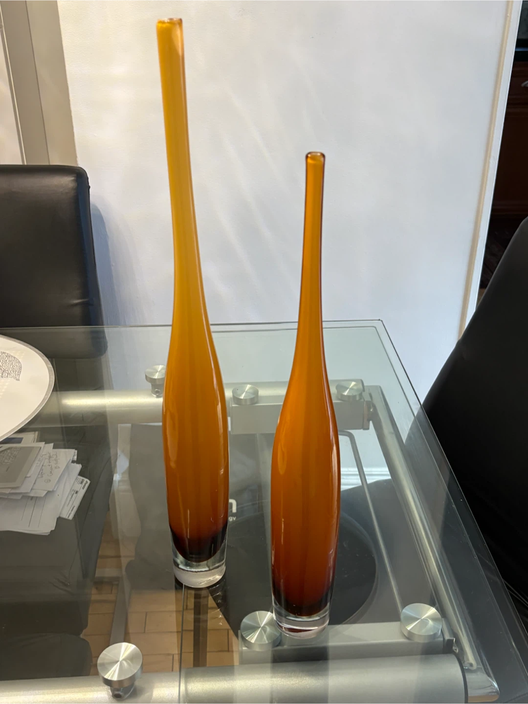 Set of 2 Tall Amber Art Glass Bud Vases Modern Sculptural Décor - photo 3